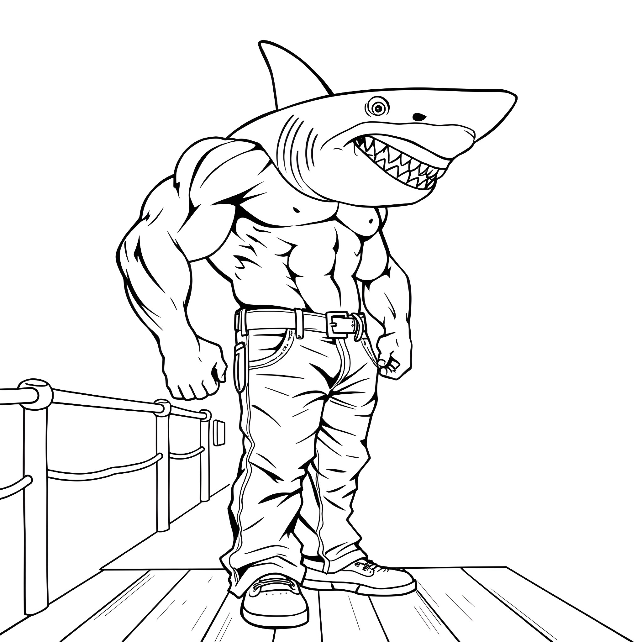 Shark-themed Muscular Character with Casual Outfit Coloring Page (free black-and-white line drawing printable PDF for all, from beginners to advanced learners, including children, teens, adults, and seniors)