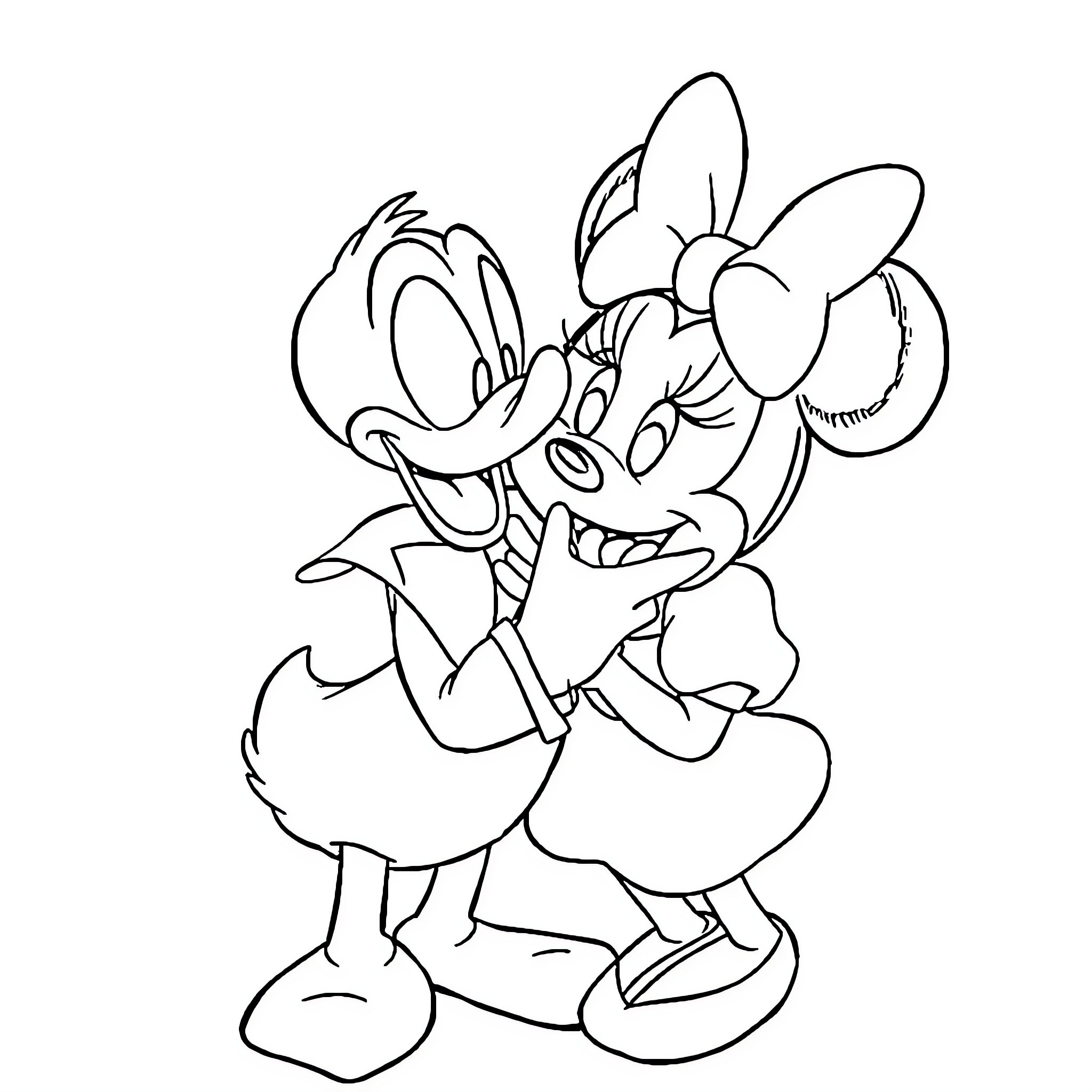 Donald Duck and Minnie Mouse embracing playfully Coloring Page (free black-and-white line drawing printable PDF for all, from beginners to advanced learners, including children, teens, adults, and seniors)