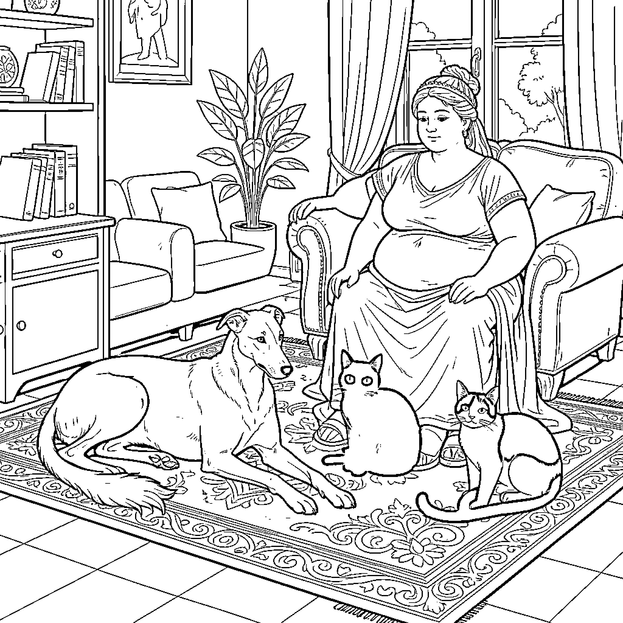 Perro resting on a rug with a woman and cats Coloring Page (free black-and-white line drawing printable PDF for all, from beginners to advanced learners, including children, teens, adults, and seniors)