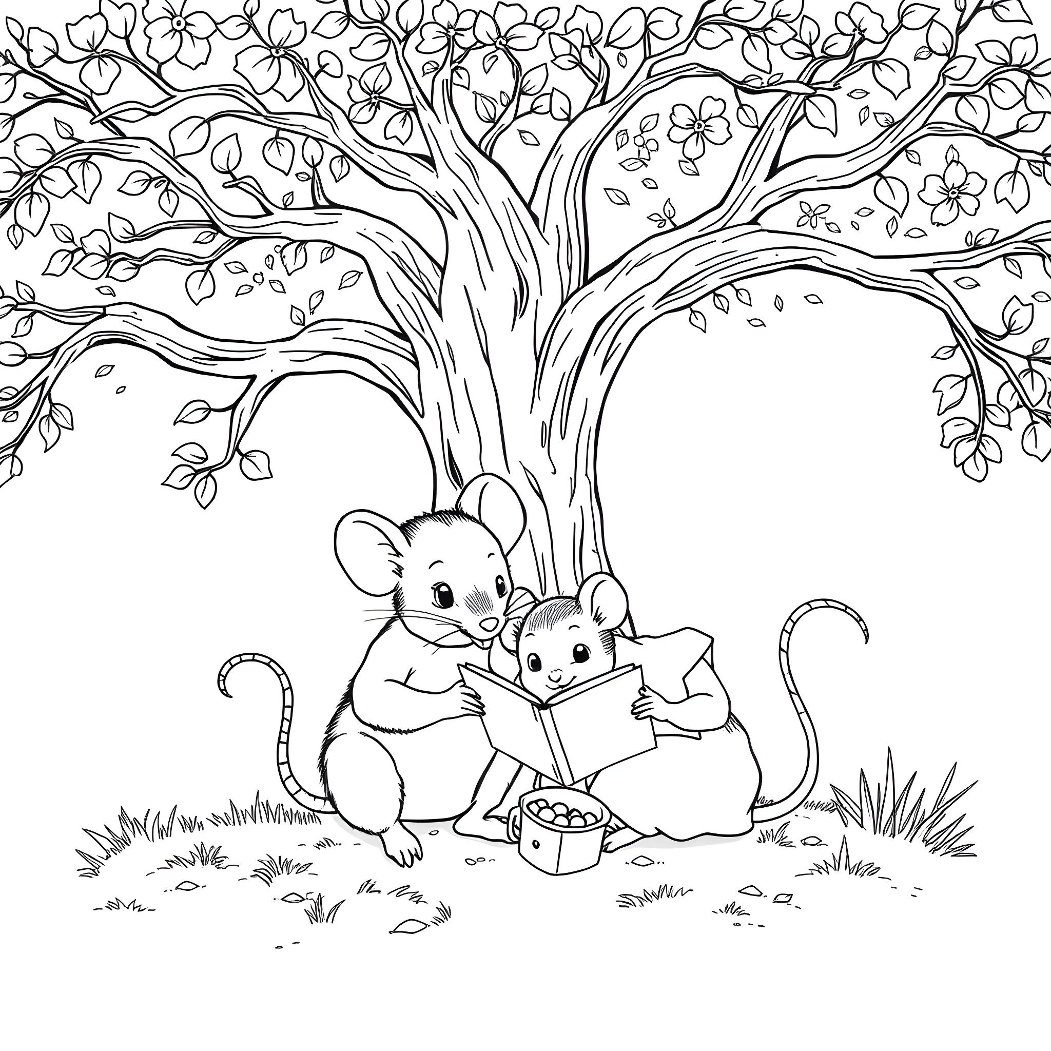 Mouse siblings reading a book under the tree Coloring Page (free black-and-white line drawing printable PDF for all, from beginners to advanced learners, including children, teens, adults, and seniors)