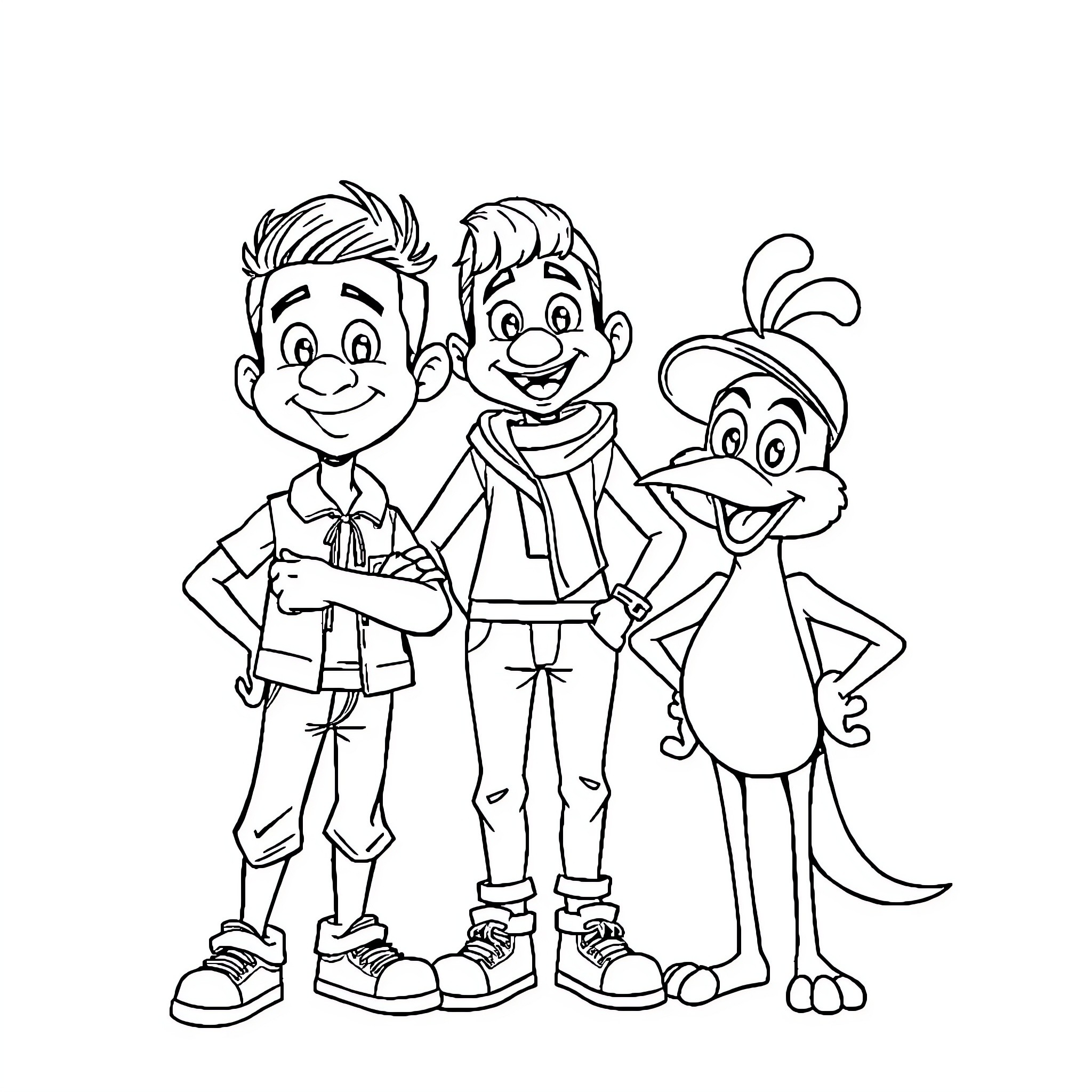 Natanael Cano and Friends in Cartoon Adventure Coloring Page (free black-and-white line drawing printable PDF for all, from beginners to advanced learners, including children, teens, adults, and seniors)