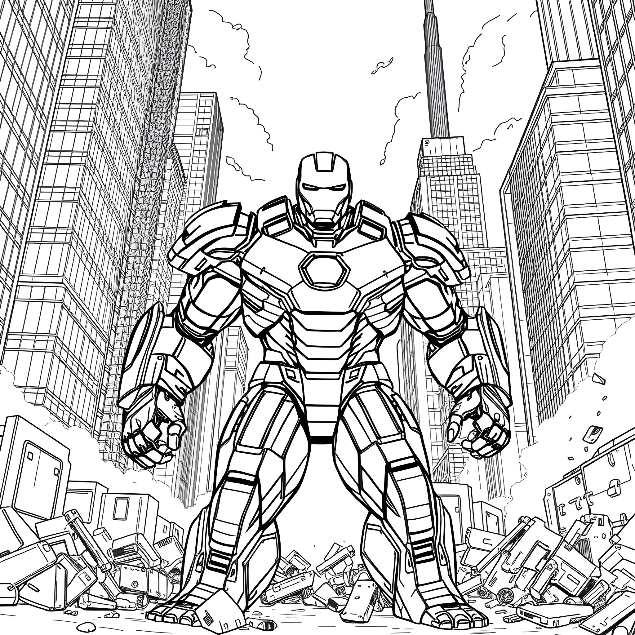 Ironman standing tall in the middle of a ruined city Coloring Page (free black-and-white line drawing printable PDF for all, from beginners to advanced learners, including children, teens, adults, and seniors)