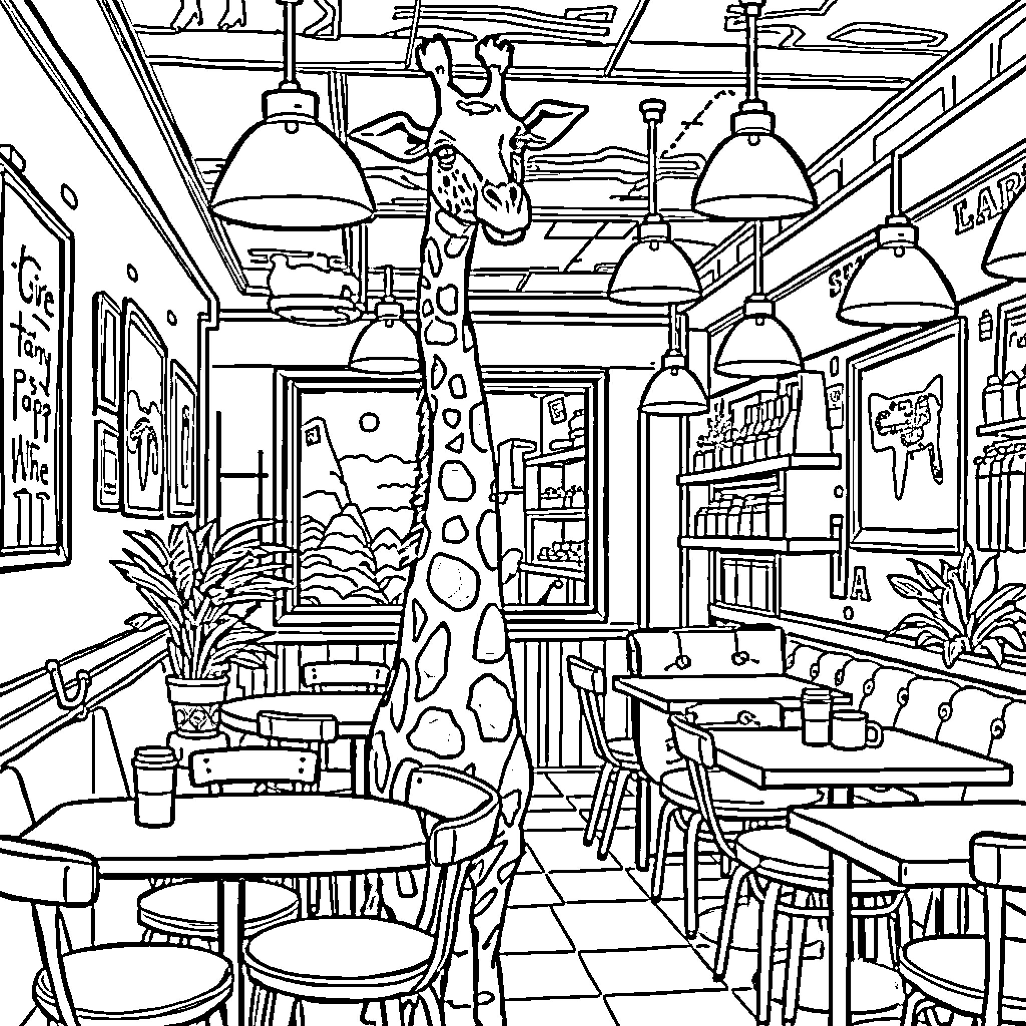 Giraffe Dining in Quirky Cafe Interior Coloring Page (free black-and-white line drawing printable PDF for all, from beginners to advanced learners, including children, teens, adults, and seniors)