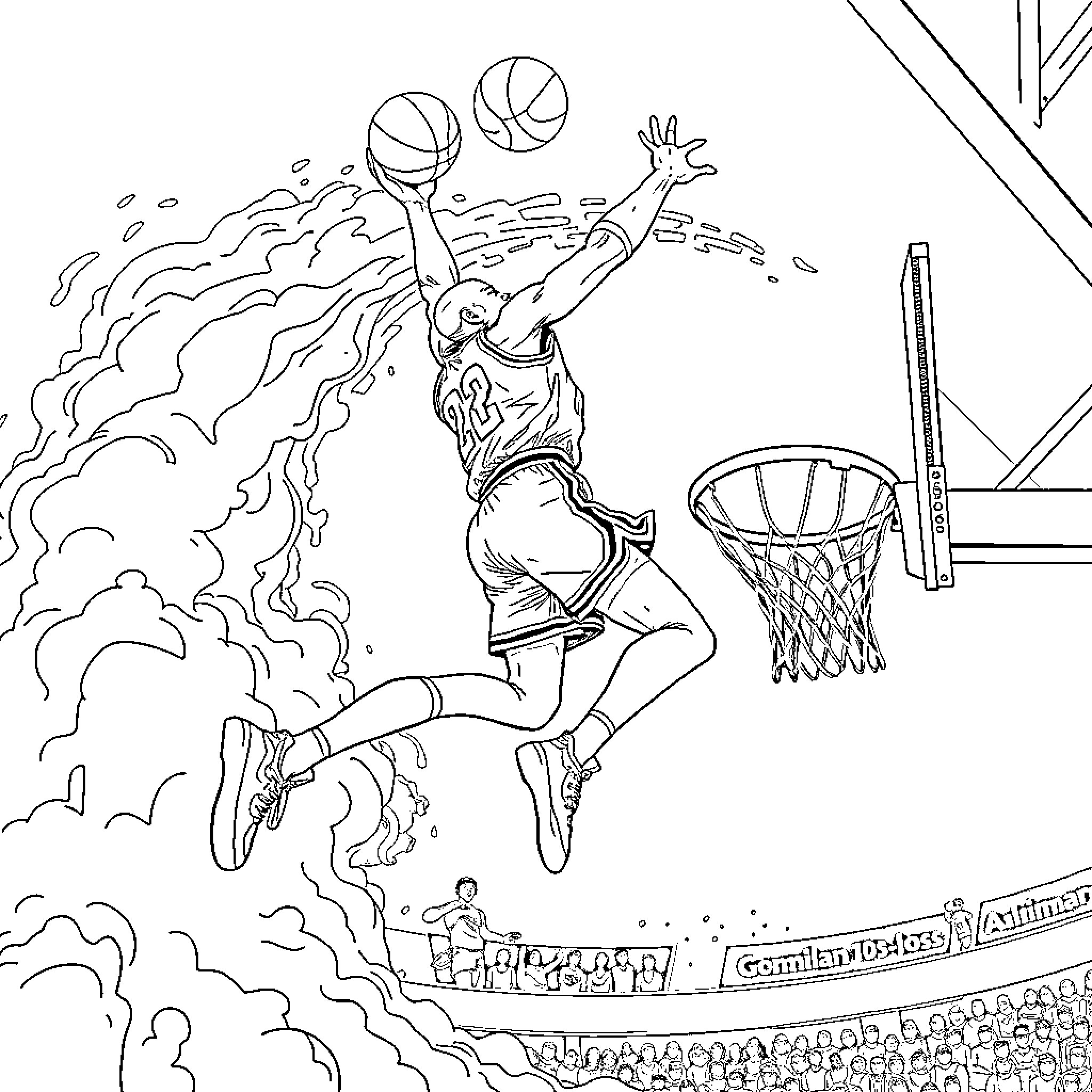 Michael Jordan's Iconic Slam Dunk Coloring Page (free black-and-white line drawing printable PDF for all, from beginners to advanced learners, including children, teens, adults, and seniors)