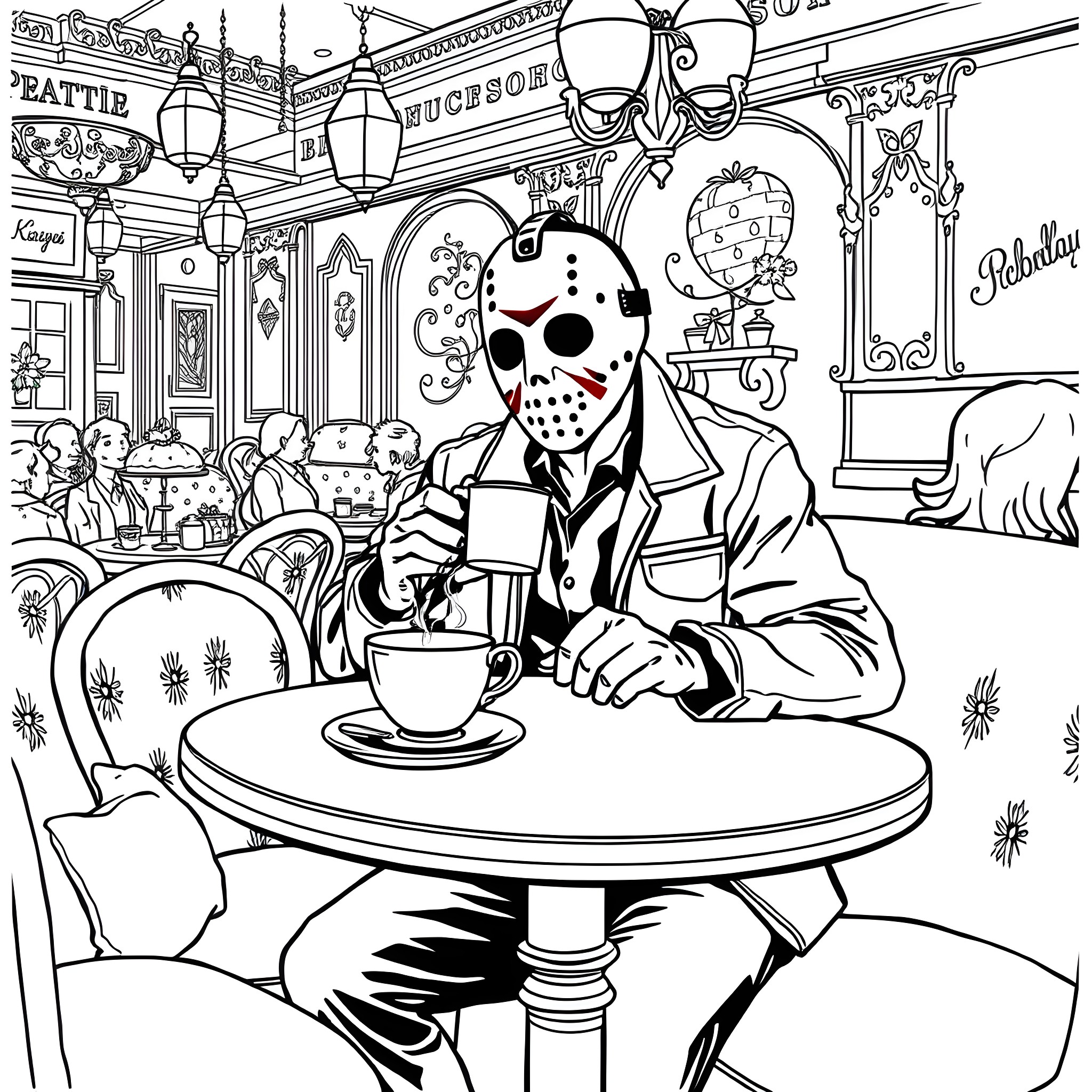 Jason Voorhees enjoying a cup of coffee in a cafe Coloring Page (free black-and-white line drawing printable PDF for all, from beginners to advanced learners, including children, teens, adults, and seniors)