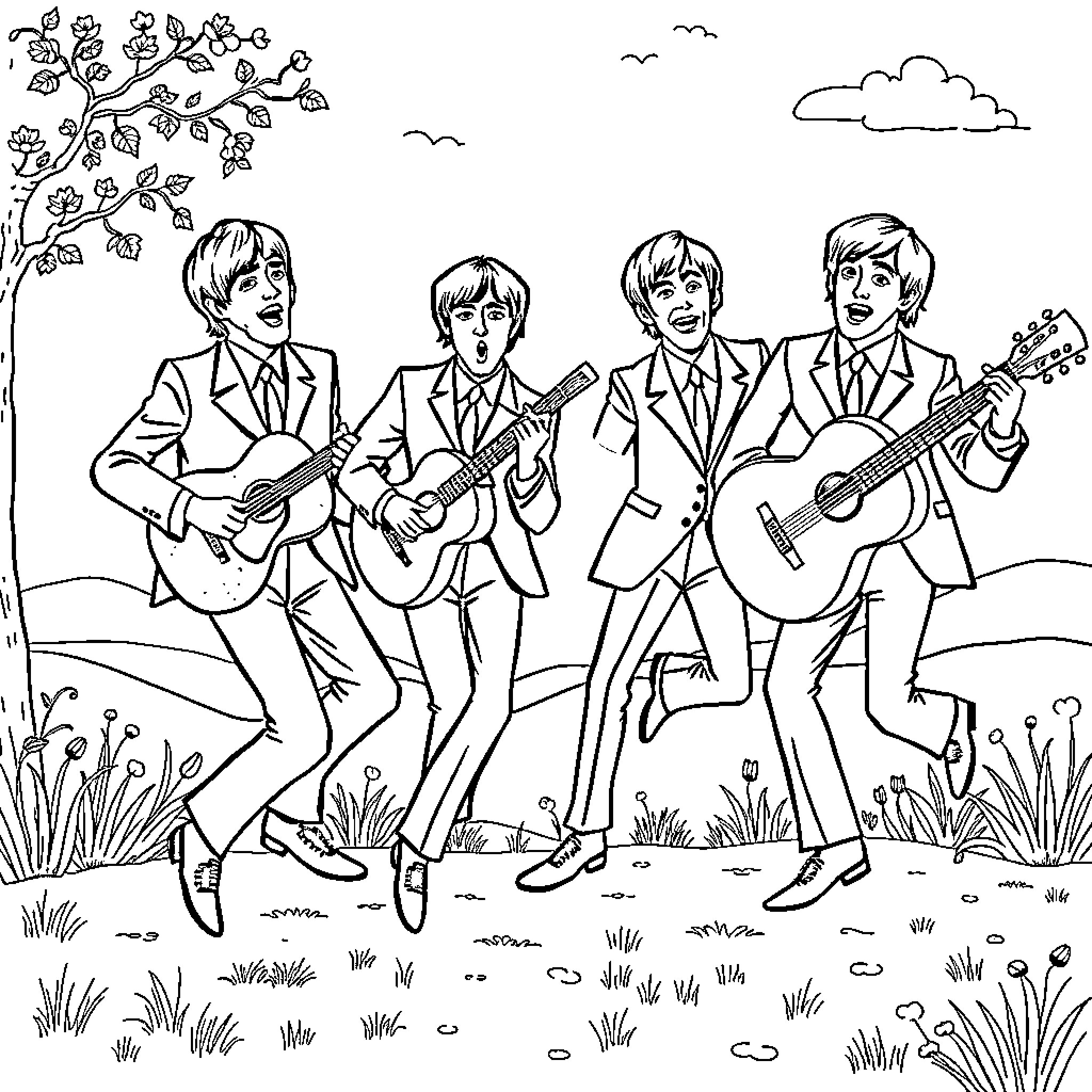 Beatles performing outdoors with guitars Coloring Page (free black-and-white line drawing printable PDF for all, from beginners to advanced learners, including children, teens, adults, and seniors)