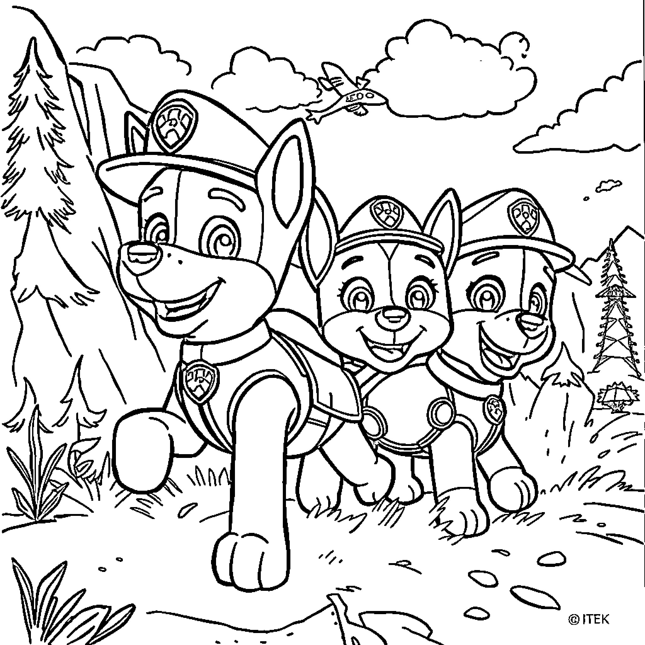 Paw Patrol pups smiling and running through nature Coloring Page (free black-and-white line drawing printable PDF for all, from beginners to advanced learners, including children, teens, adults, and seniors)
