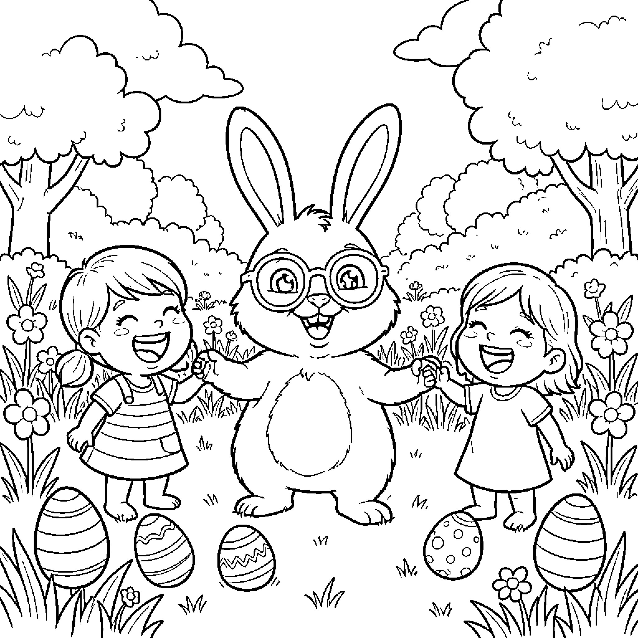Easter Celebration with Children and Bunny Coloring Page (free black-and-white line drawing printable PDF for all, from beginners to advanced learners, including children, teens, adults, and seniors)