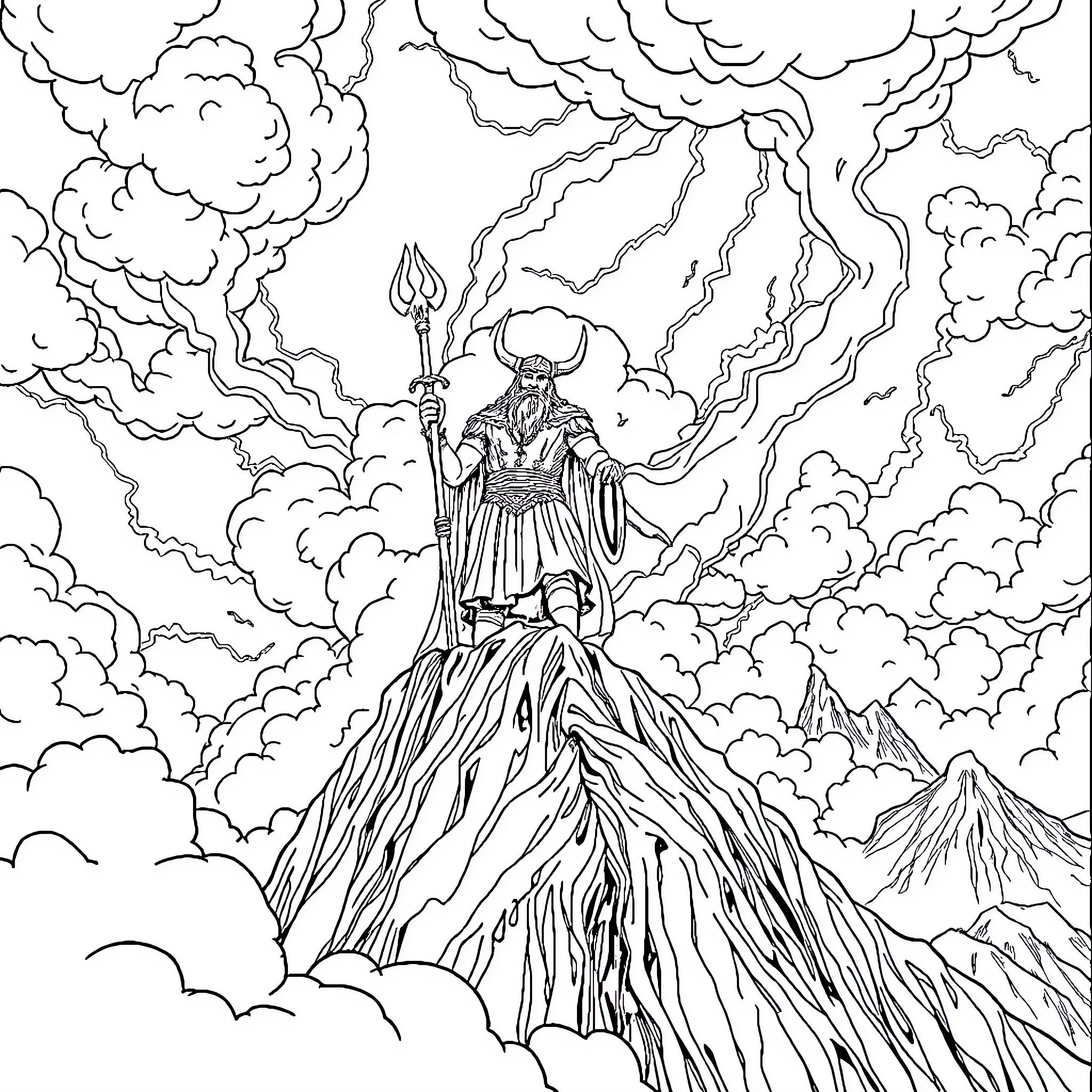Viking God commanding thunderous skies Coloring Page (free black-and-white line drawing printable PDF for all, from beginners to advanced learners, including children, teens, adults, and seniors)