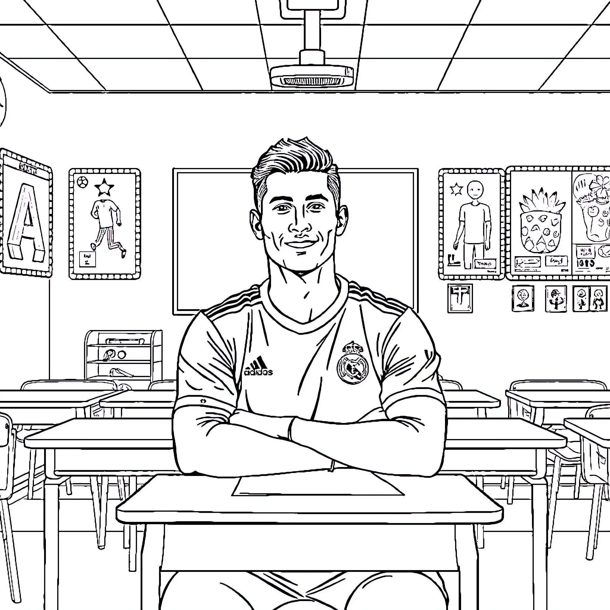 Ronaldo relaxing in soccer themed classroom Coloring Page (free black-and-white line drawing printable PDF for all, from beginners to advanced learners, including children, teens, adults, and seniors)