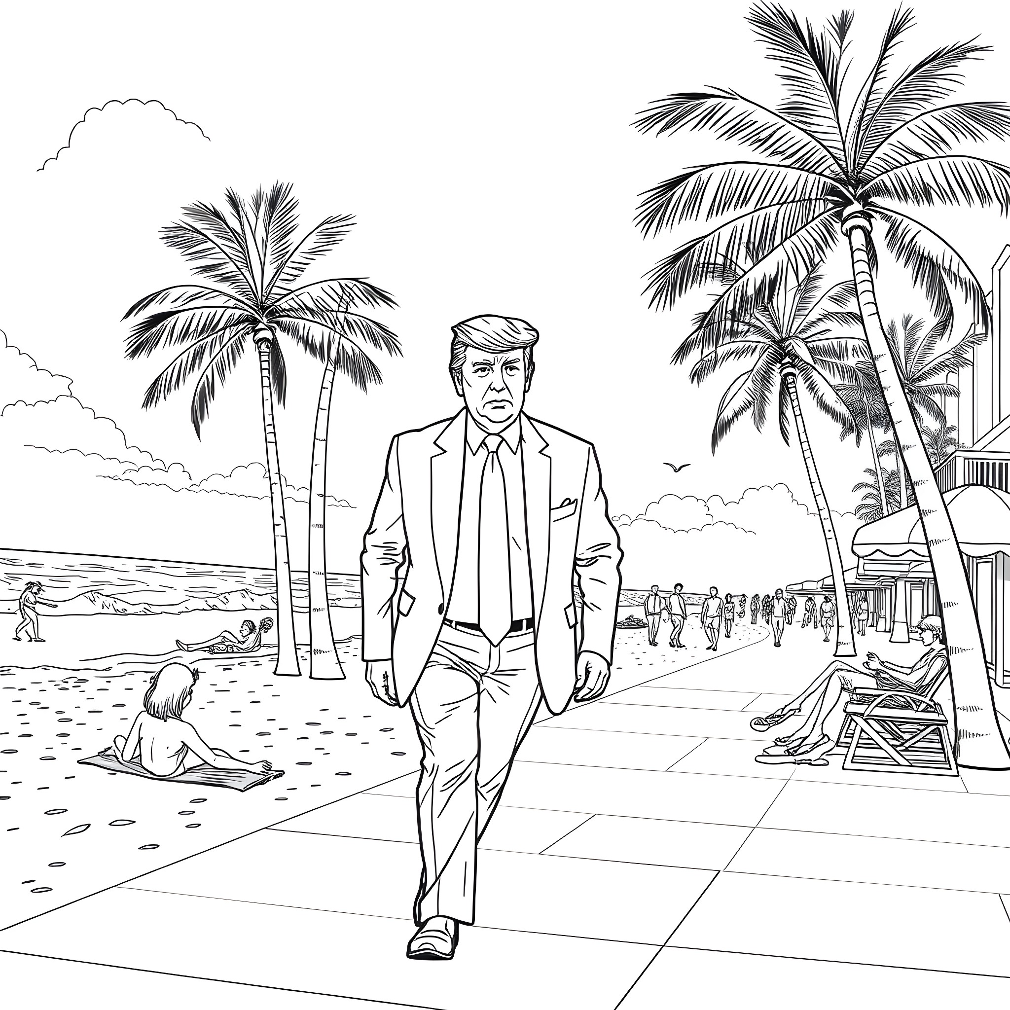 Trump on the beach with palm trees Coloring Page (free black-and-white line drawing printable PDF for all, from beginners to advanced learners, including children, teens, adults, and seniors)