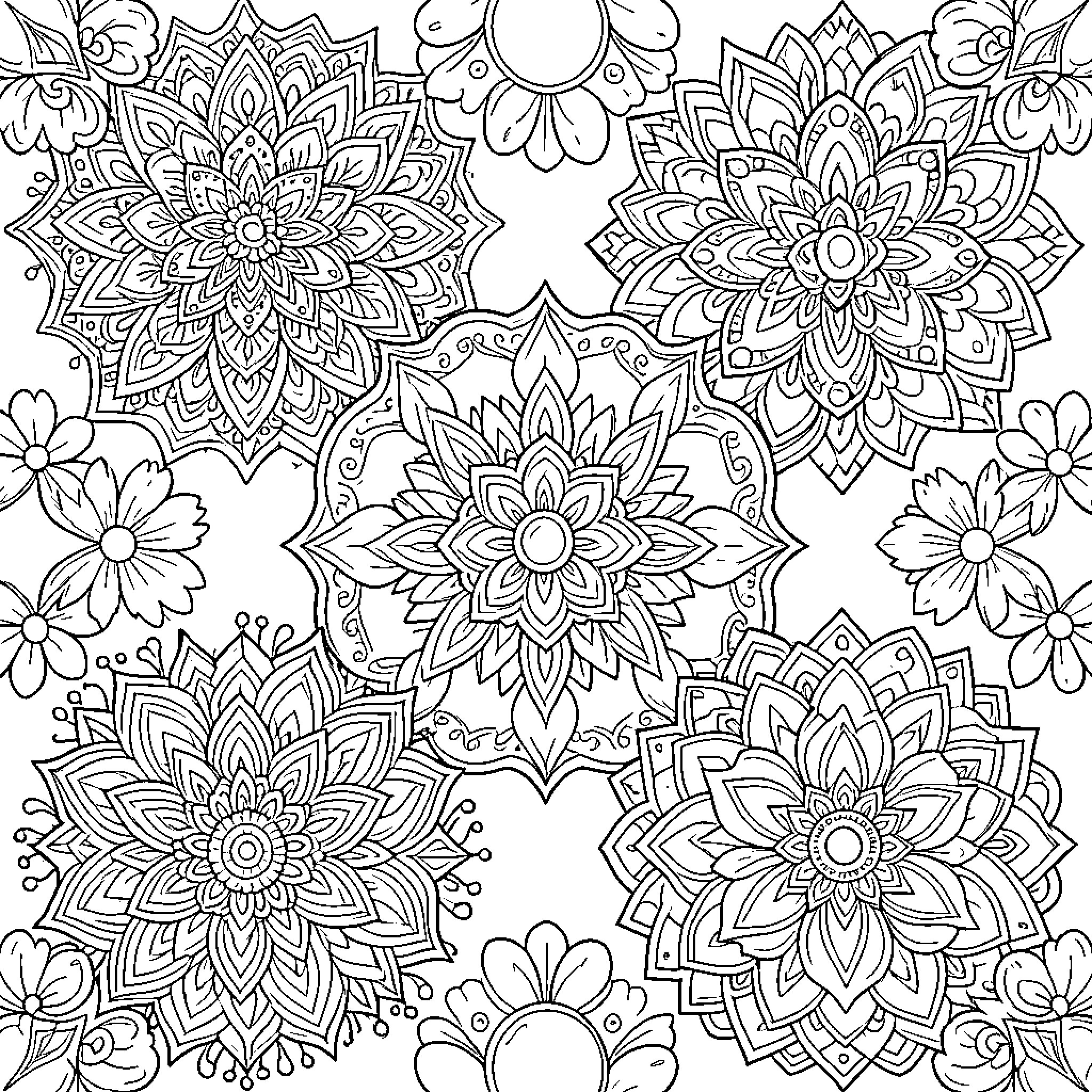 Mandala Flowers and Patterns Coloring Page (free black-and-white line drawing printable PDF for all, from beginners to advanced learners, including children, teens, adults, and seniors)