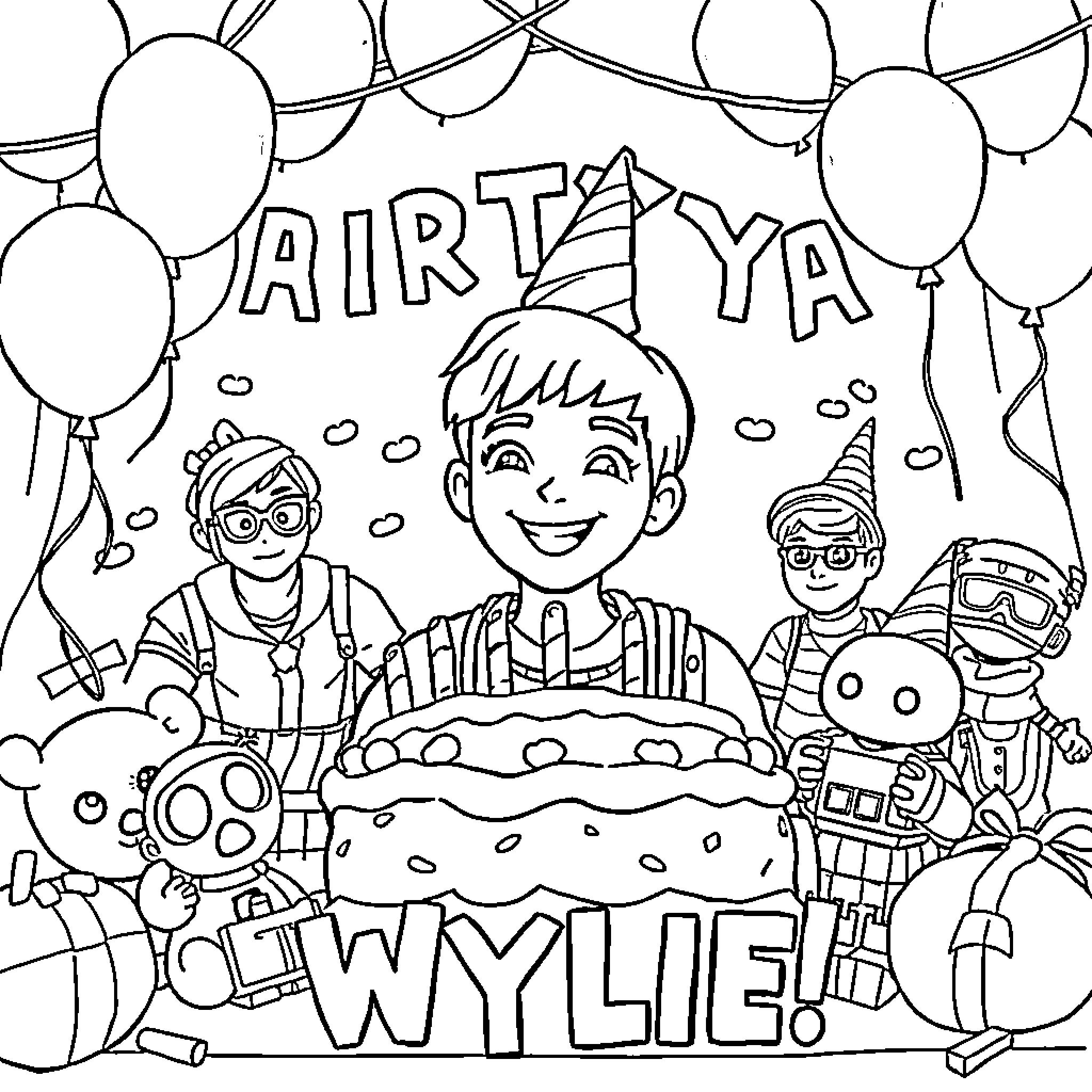 Fortnite characters celebrating a birthday party Coloring Page (free black-and-white line drawing printable PDF for all, from beginners to advanced learners, including children, teens, adults, and seniors)