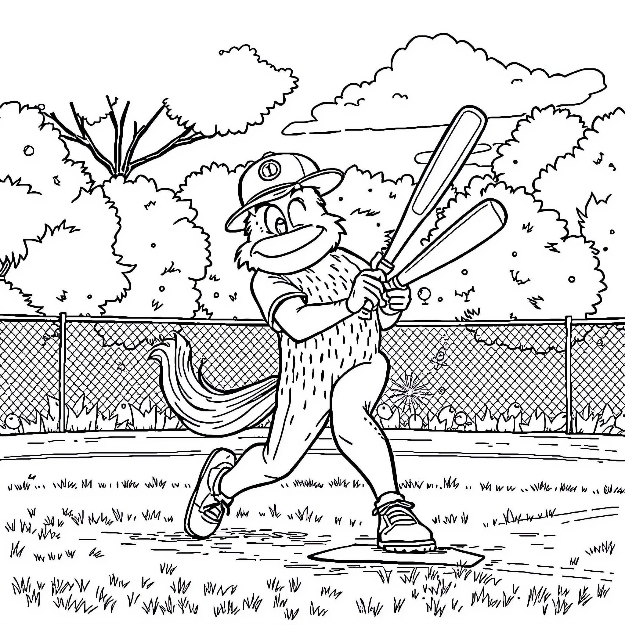 Duck at Bat Practicing Baseball on the Field Coloring Page (free black-and-white line drawing printable PDF for all, from beginners to advanced learners, including children, teens, adults, and seniors)