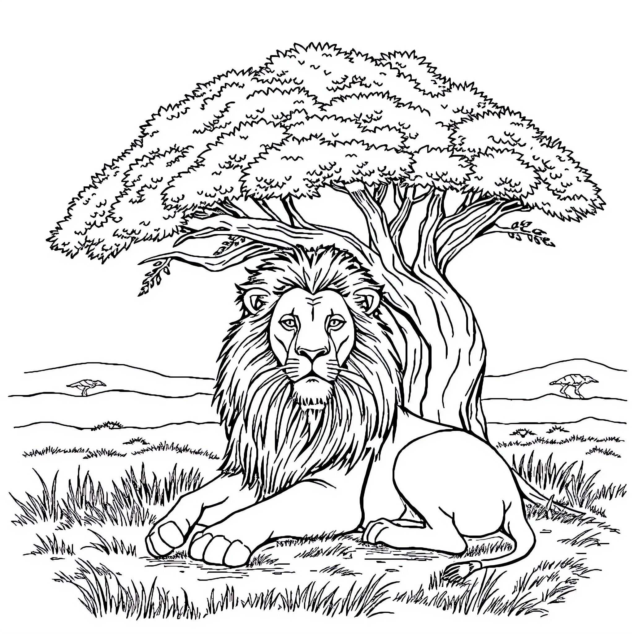 Lion resting under a majestic tree in the wild Coloring Page (free black-and-white line drawing printable PDF for all, from beginners to advanced learners, including children, teens, adults, and seniors)
