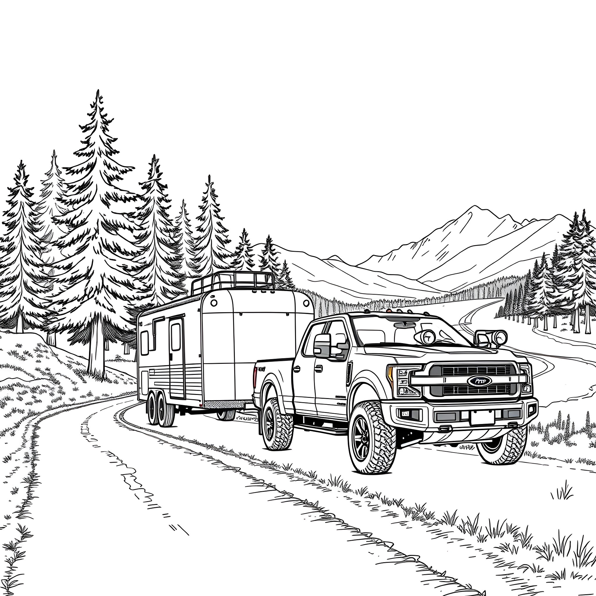 Pickup truck towing trailer through mountain landscape Coloring Page (free black-and-white line drawing printable PDF for all, from beginners to advanced learners, including children, teens, adults, and seniors)
