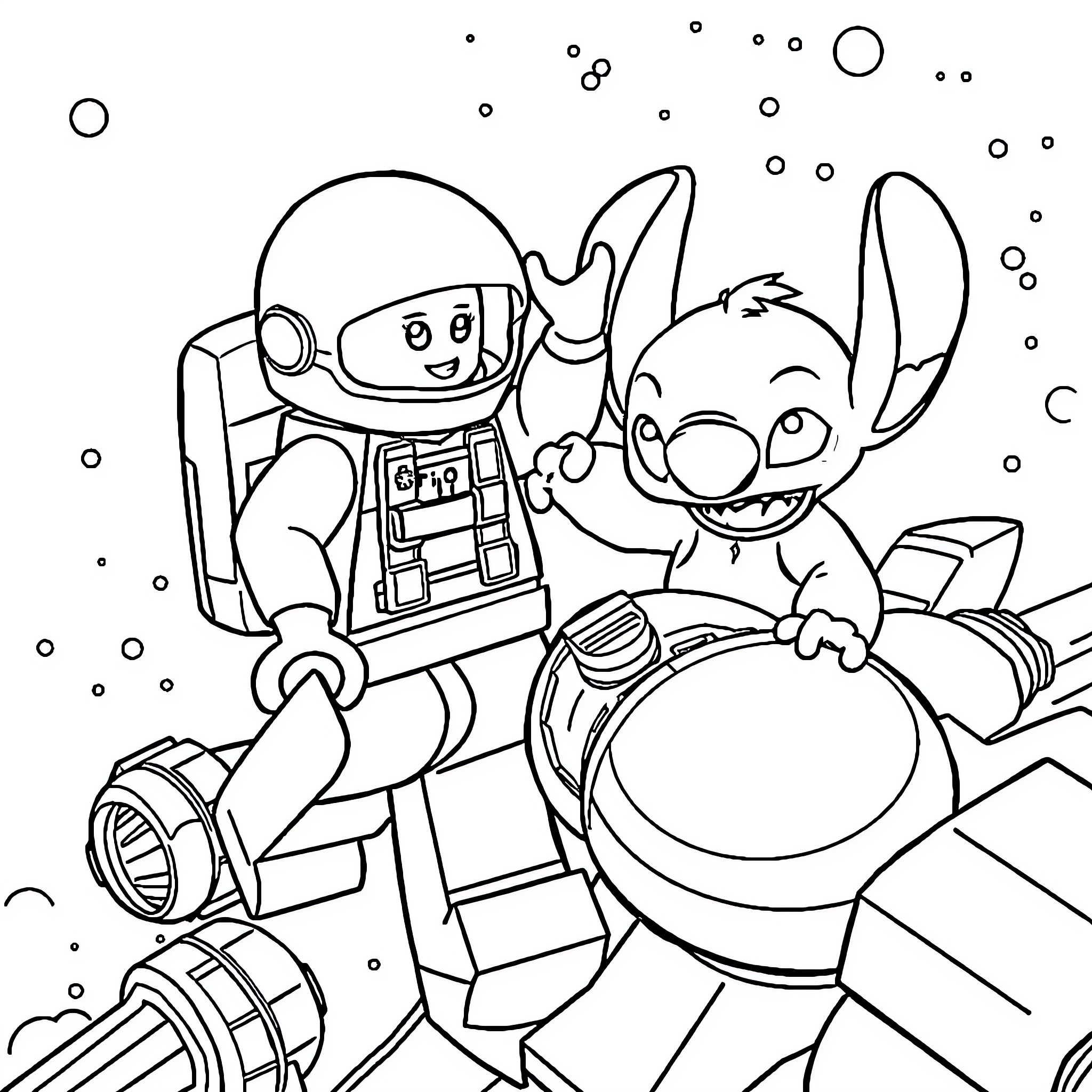 Astronaut exploring space with alien companion Coloring Page (free black-and-white line drawing printable PDF for all, from beginners to advanced learners, including children, teens, adults, and seniors)