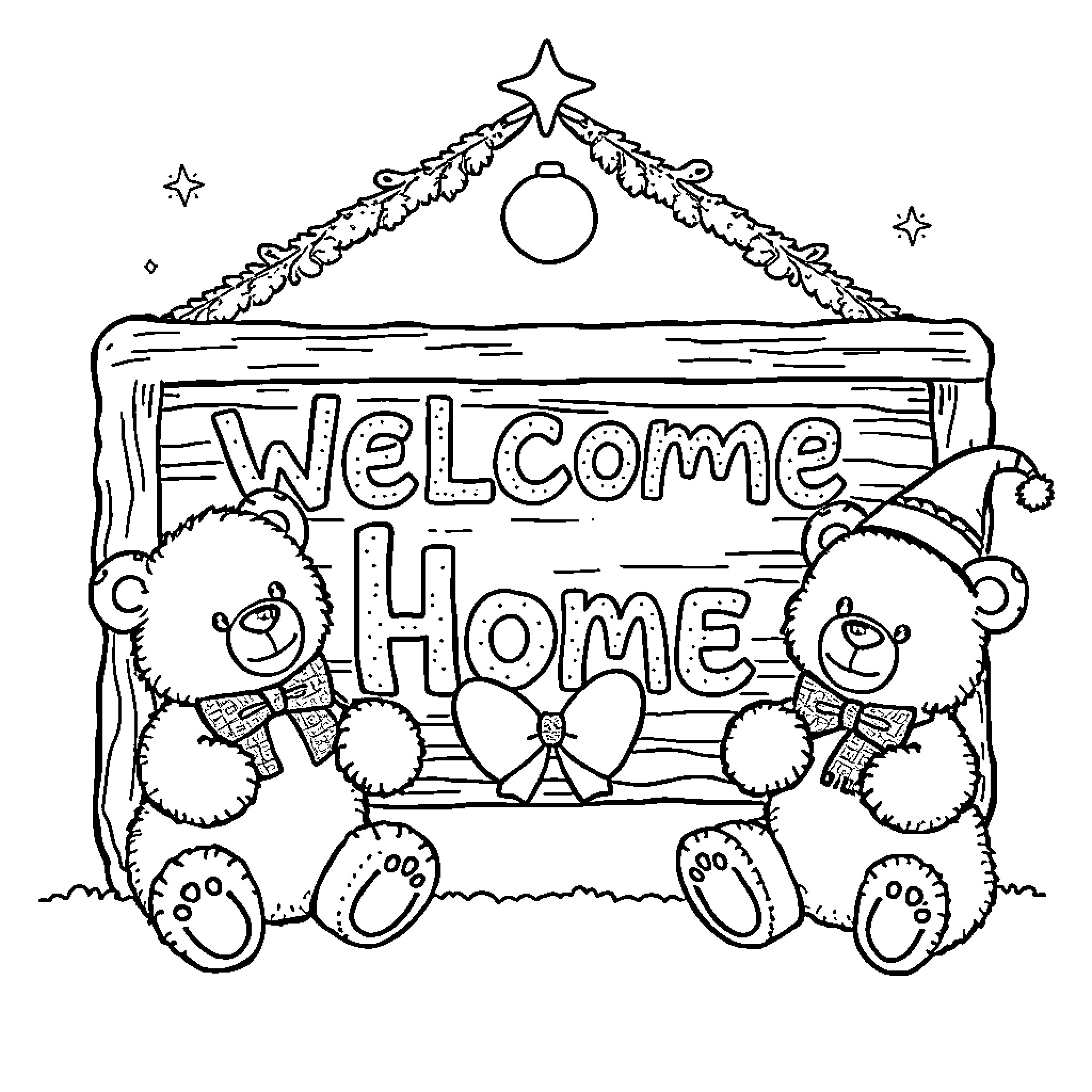 Elf Bears Welcome Home with Decorative Sign Coloring Page (free black-and-white line drawing printable PDF for all, from beginners to advanced learners, including children, teens, adults, and seniors)