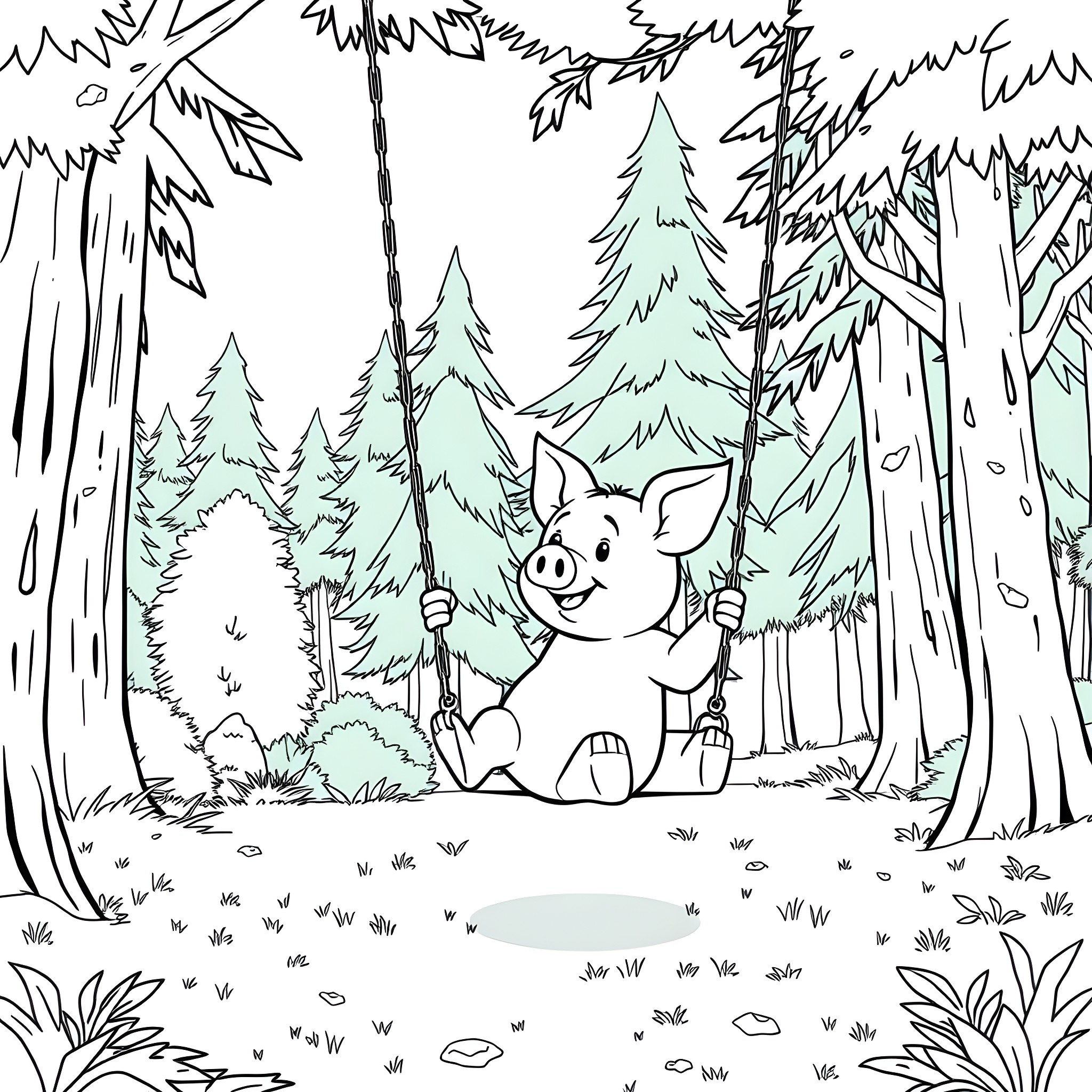 Piglet exploring the enchanted forest Coloring Page (free black-and-white line drawing printable PDF for all, from beginners to advanced learners, including children, teens, adults, and seniors)