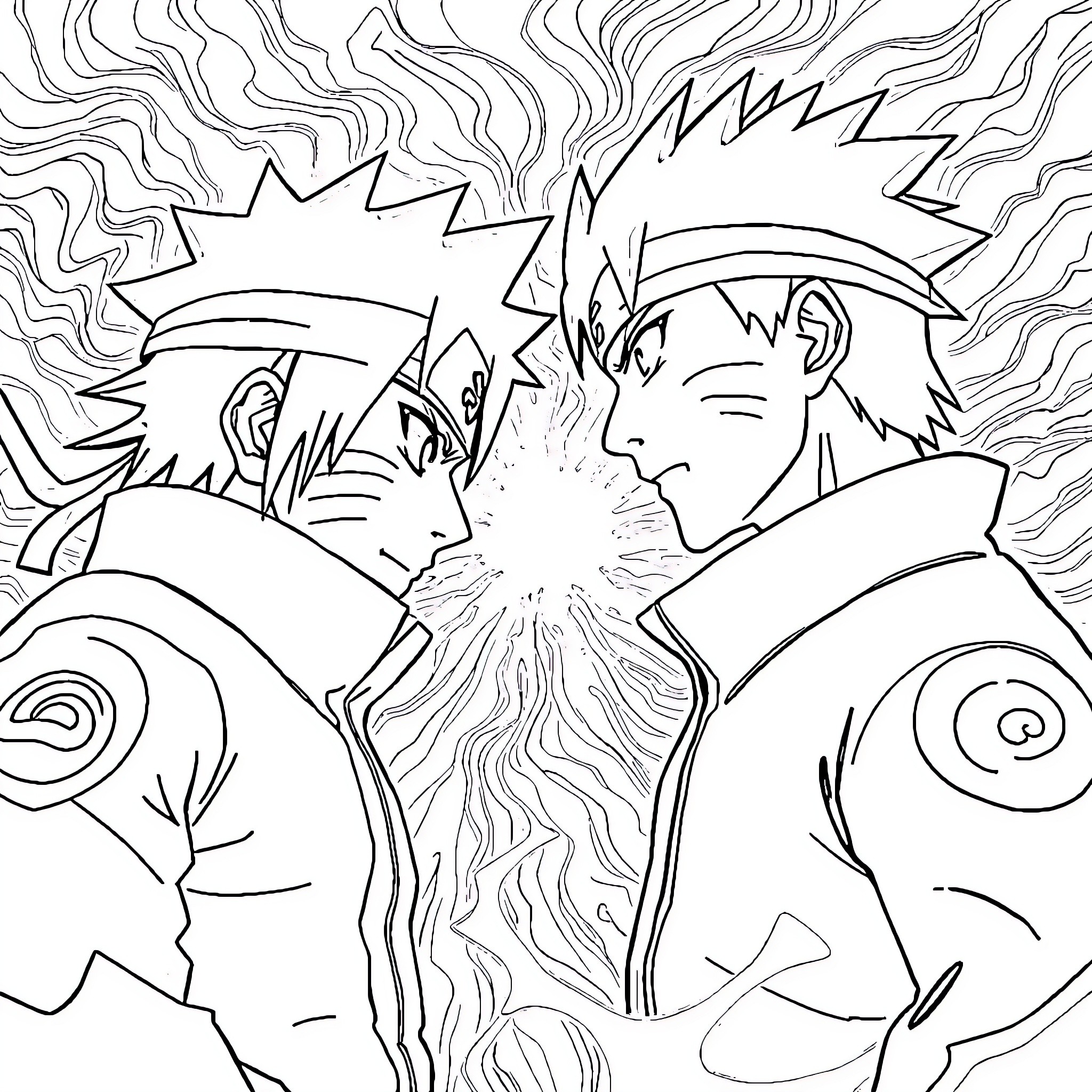Naruto characters engaged in intense battle Coloring Page (free black-and-white line drawing printable PDF for all, from beginners to advanced learners, including children, teens, adults, and seniors)