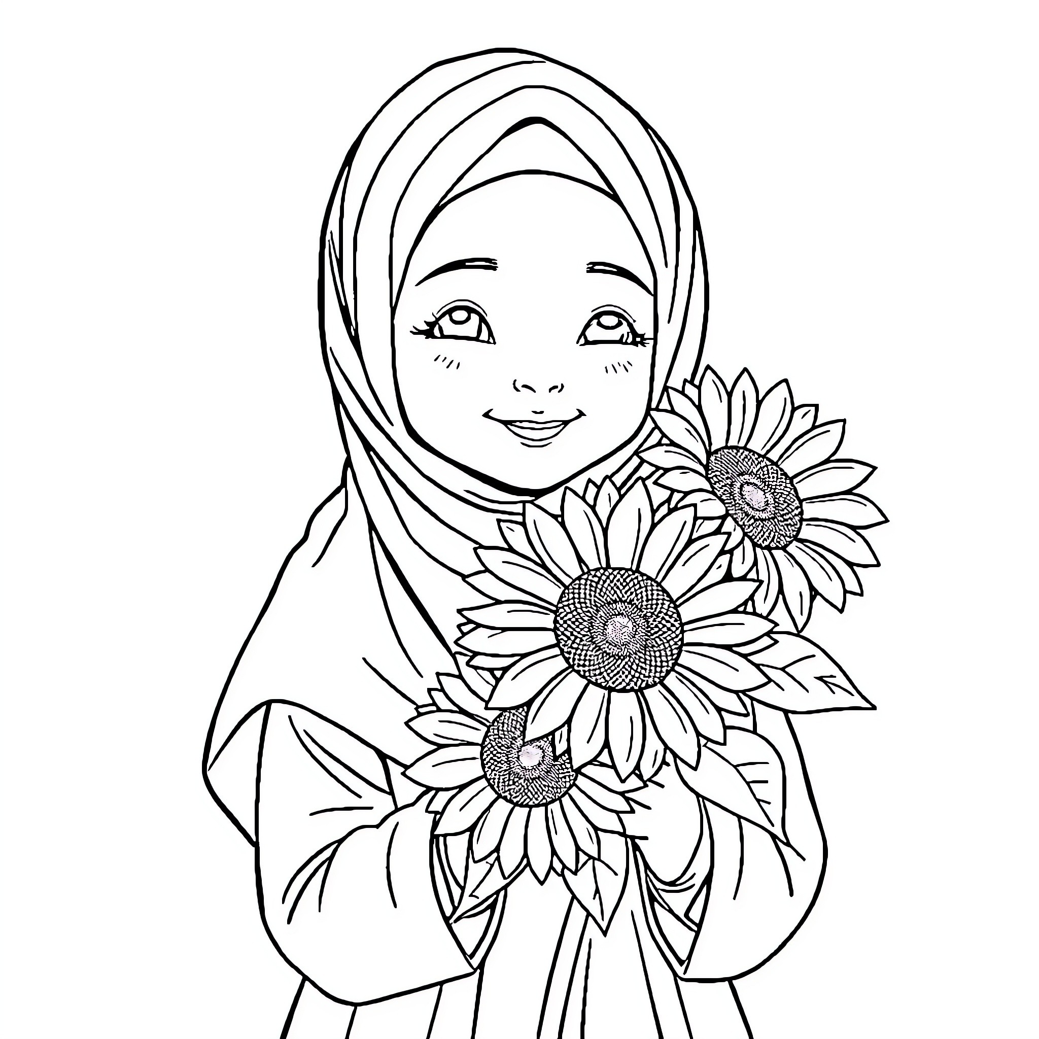 Girl with sunflower bouquet in hijab Coloring Page (free black-and-white line drawing printable PDF for all, from beginners to advanced learners, including children, teens, adults, and seniors)