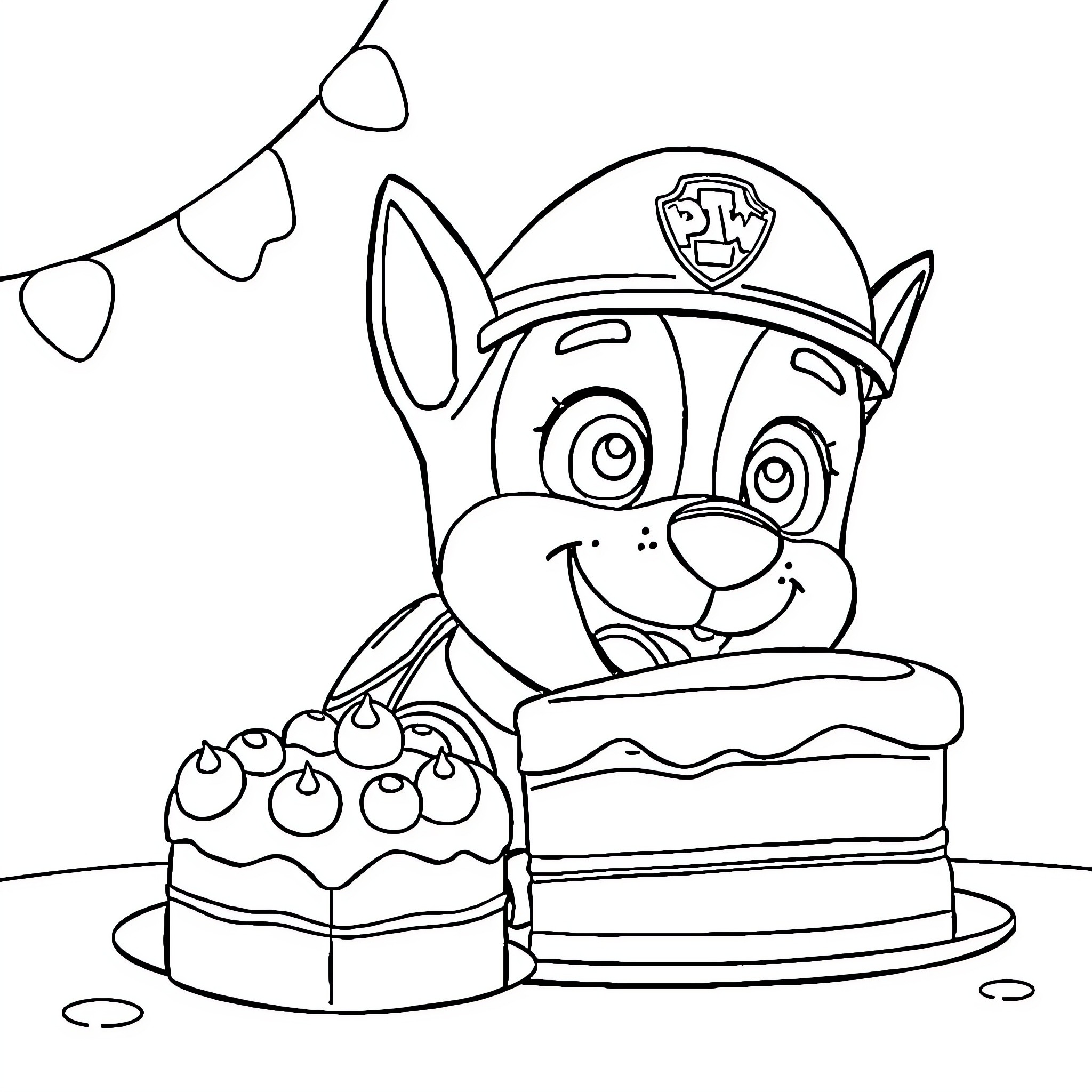 Chase's Celebratory Cake Party Coloring Page (free black-and-white line drawing printable PDF for all, from beginners to advanced learners, including children, teens, adults, and seniors)