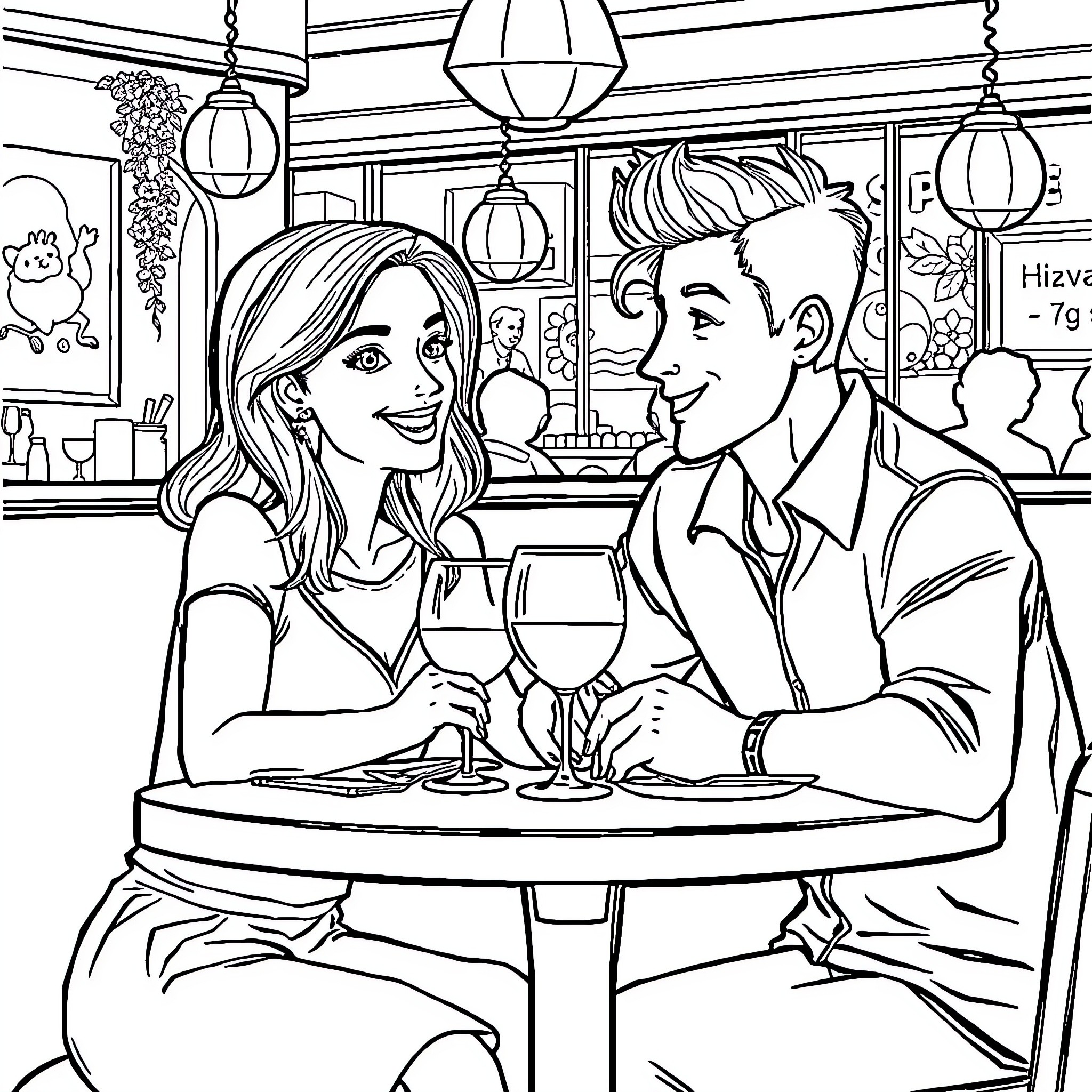 Woman sharing a meal with a man in a cafe Coloring Page (free black-and-white line drawing printable PDF for all, from beginners to advanced learners, including children, teens, adults, and seniors)