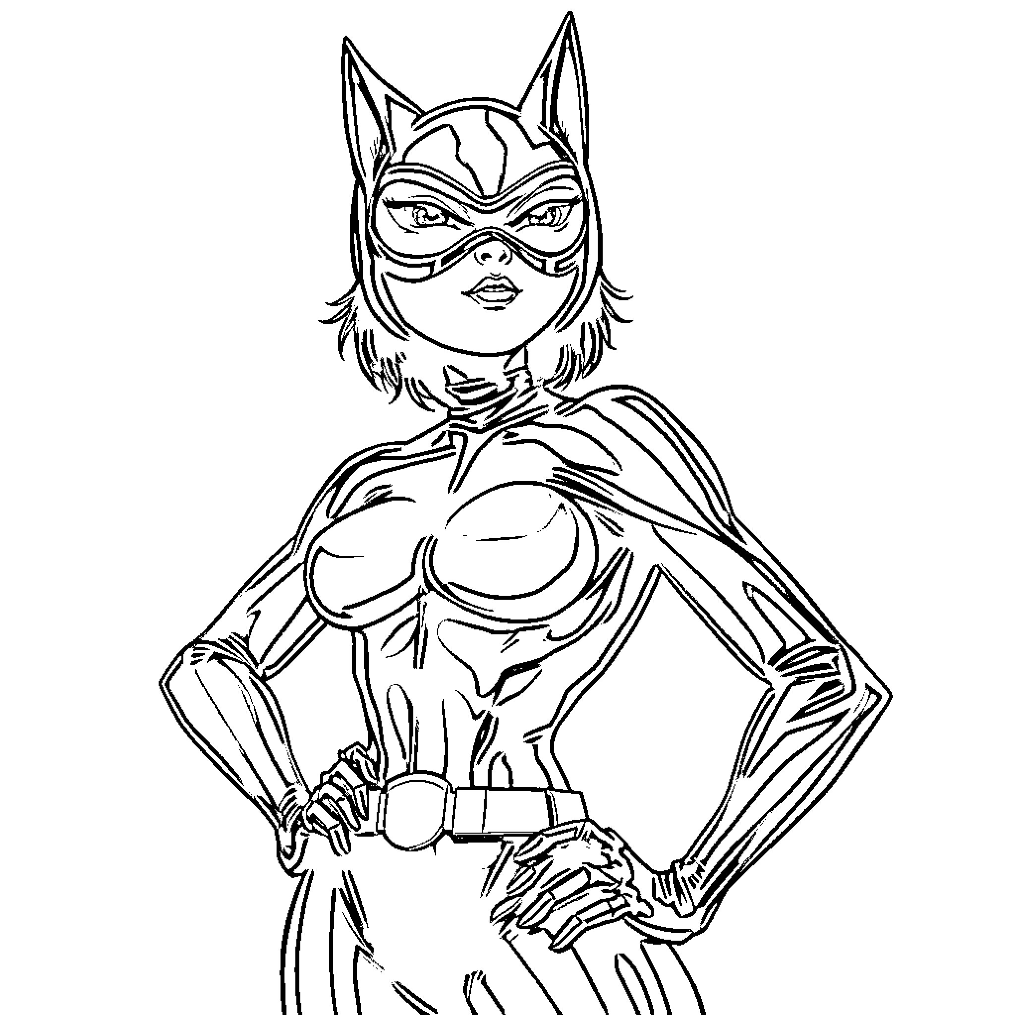 Catwoman in heroic action pose Coloring Page (free black-and-white line drawing printable PDF for all, from beginners to advanced learners, including children, teens, adults, and seniors)