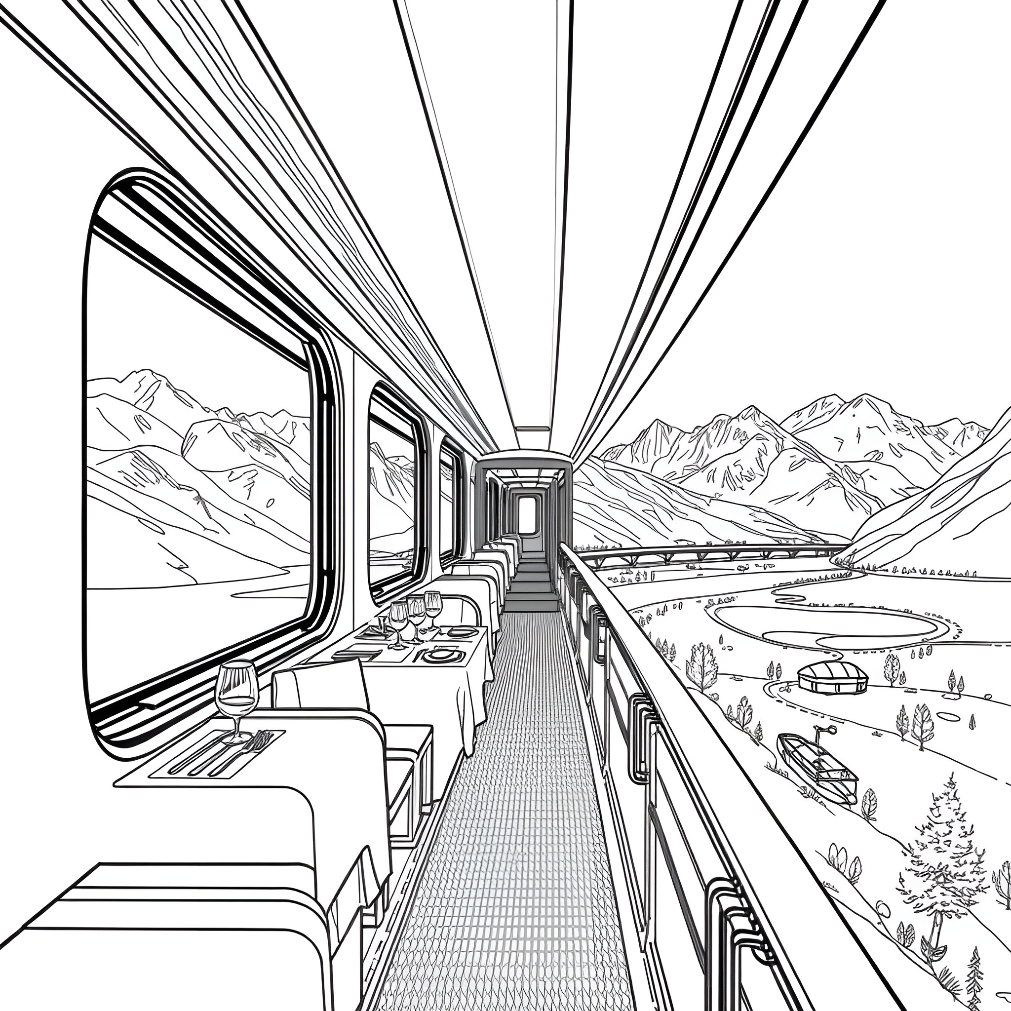 Belmond Andean Explorer rail journey through scenic mountains Coloring Page (free black-and-white line drawing printable PDF for all, from beginners to advanced learners, including children, teens, adults, and seniors)