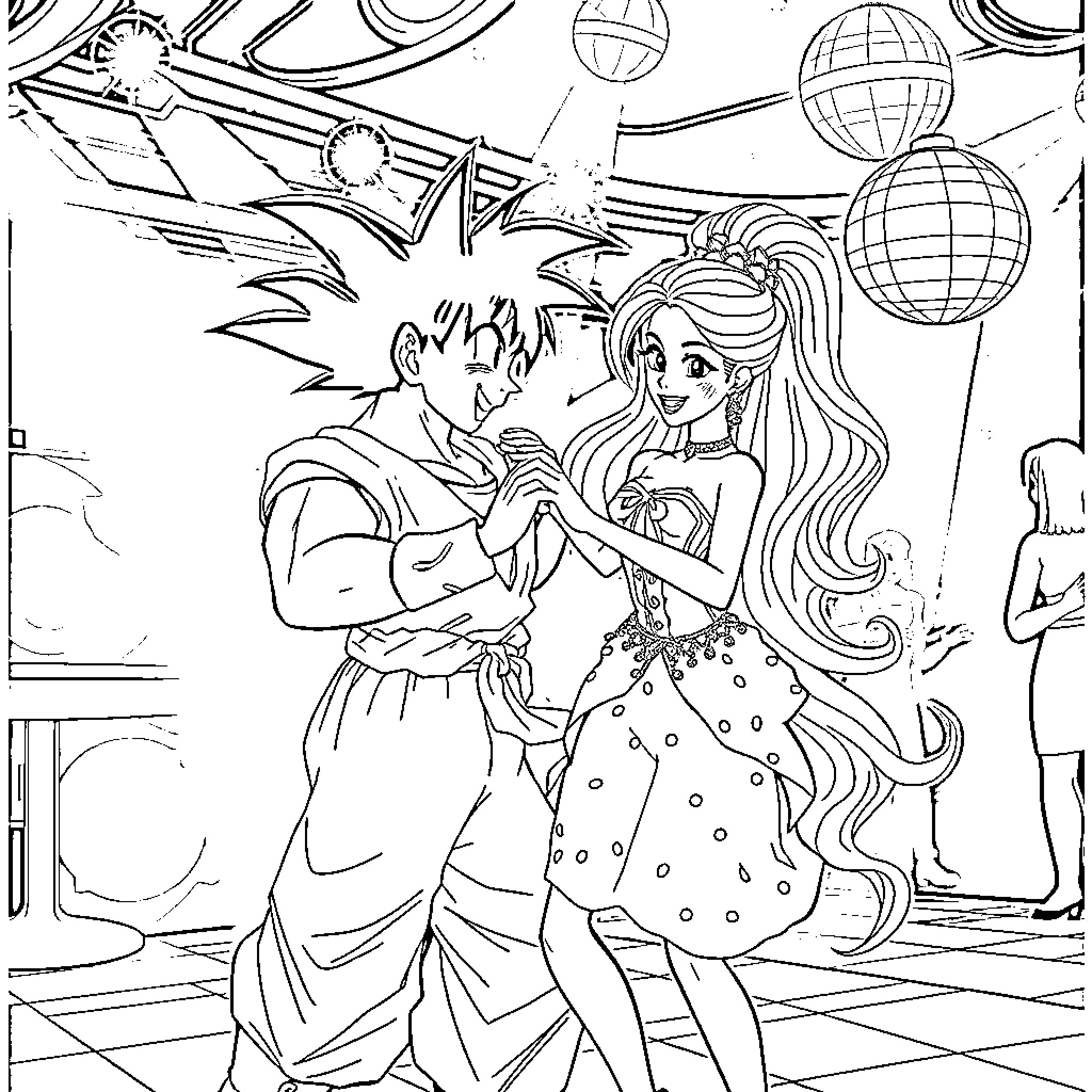 Goku and Woman Dancing at Intergalactic Party Coloring Page (free black-and-white line drawing printable PDF for all, from beginners to advanced learners, including children, teens, adults, and seniors)