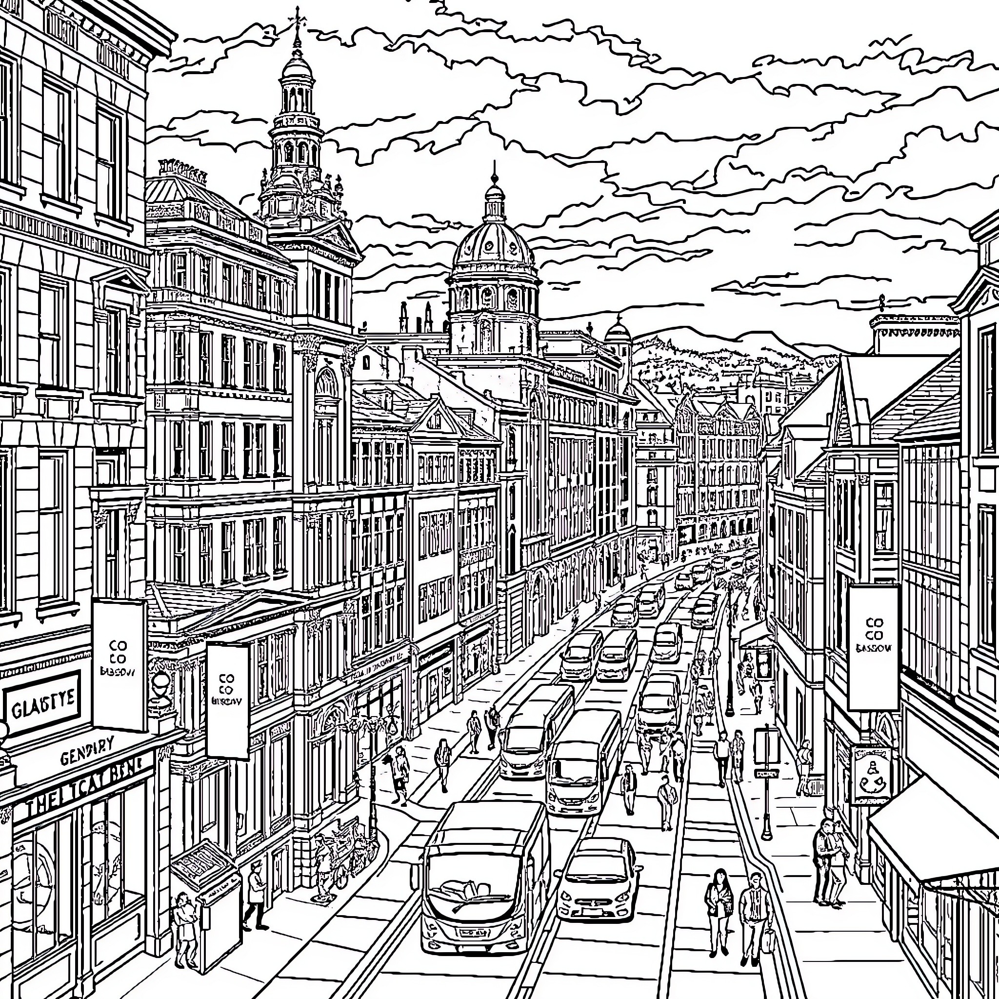 Glasgow bustling cityscape with iconic architecture Coloring Page (free black-and-white line drawing printable PDF for all, from beginners to advanced learners, including children, teens, adults, and seniors)