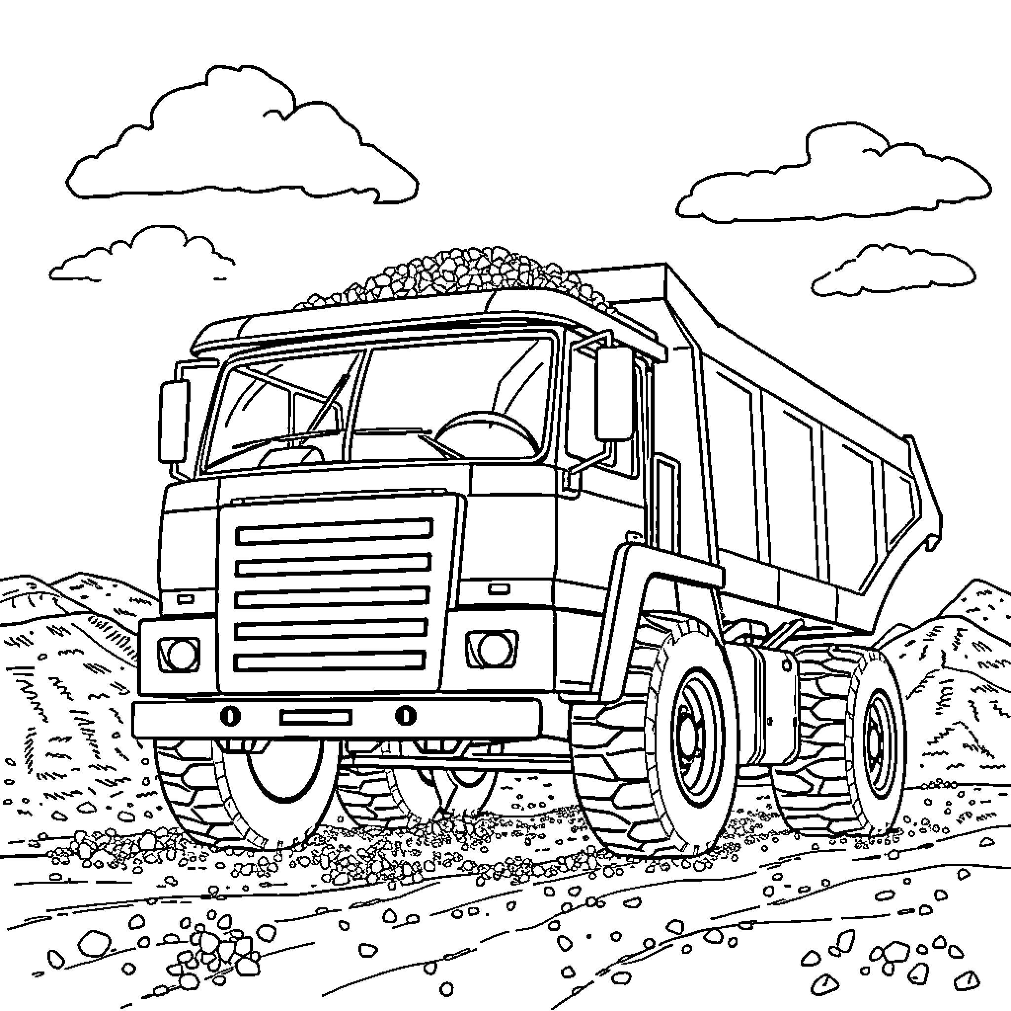 Dumptruck carrying load in mountainous landscape Coloring Page (free black-and-white line drawing printable PDF for all, from beginners to advanced learners, including children, teens, adults, and seniors)