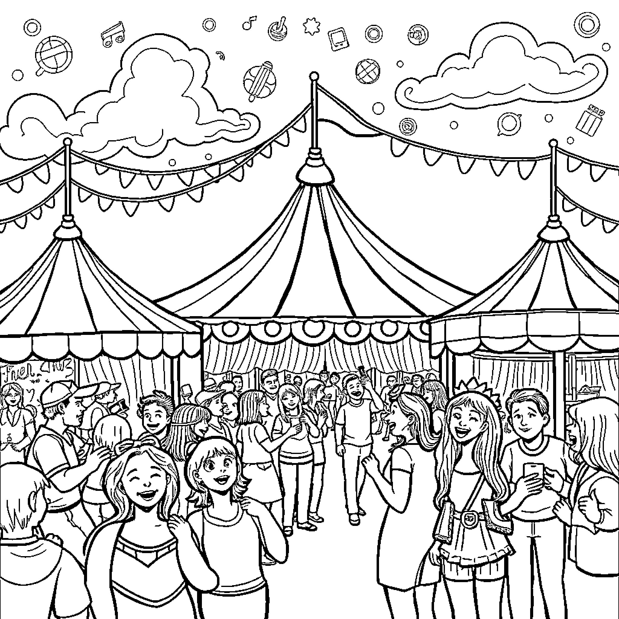 Carnival of colorful people and festive decorations Coloring Page (free black-and-white line drawing printable PDF for all, from beginners to advanced learners, including children, teens, adults, and seniors)