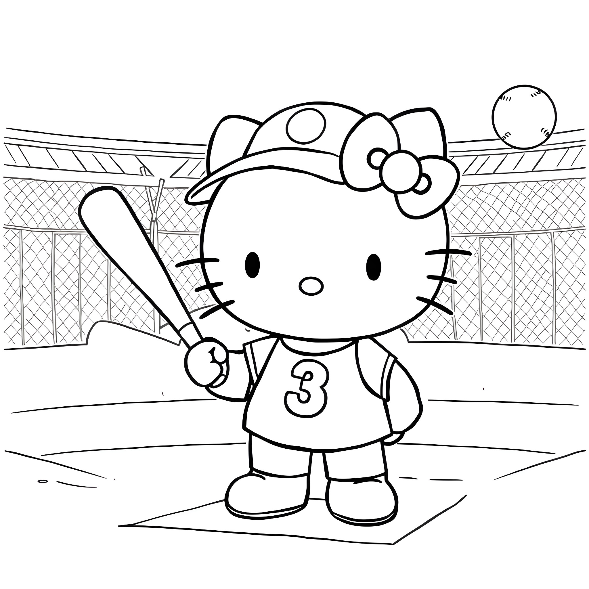 Hello Kitty playing baseball in the stadium Coloring Page (free black-and-white line drawing printable PDF for all, from beginners to advanced learners, including children, teens, adults, and seniors)