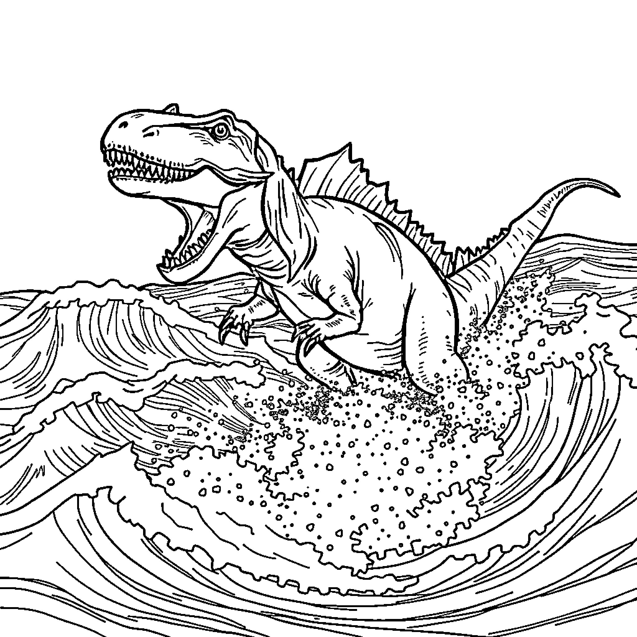 Mosasaurus surfing the ocean waves Coloring Page (free black-and-white line drawing printable PDF for all, from beginners to advanced learners, including children, teens, adults, and seniors)