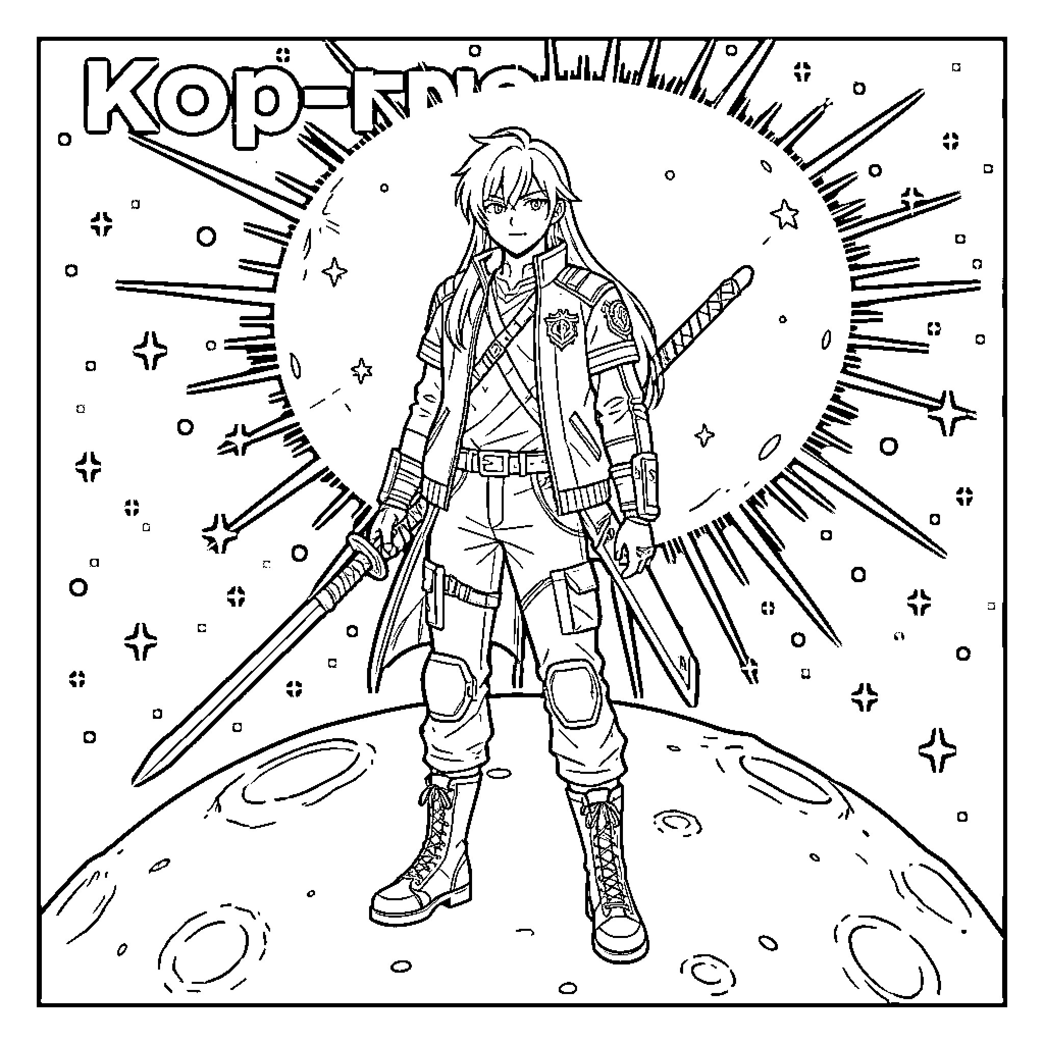 Kpop Demon Hunter Wielding Swords in Cosmic Landscape Coloring Page (free black-and-white line drawing printable PDF for all, from beginners to advanced learners, including children, teens, adults, and seniors)