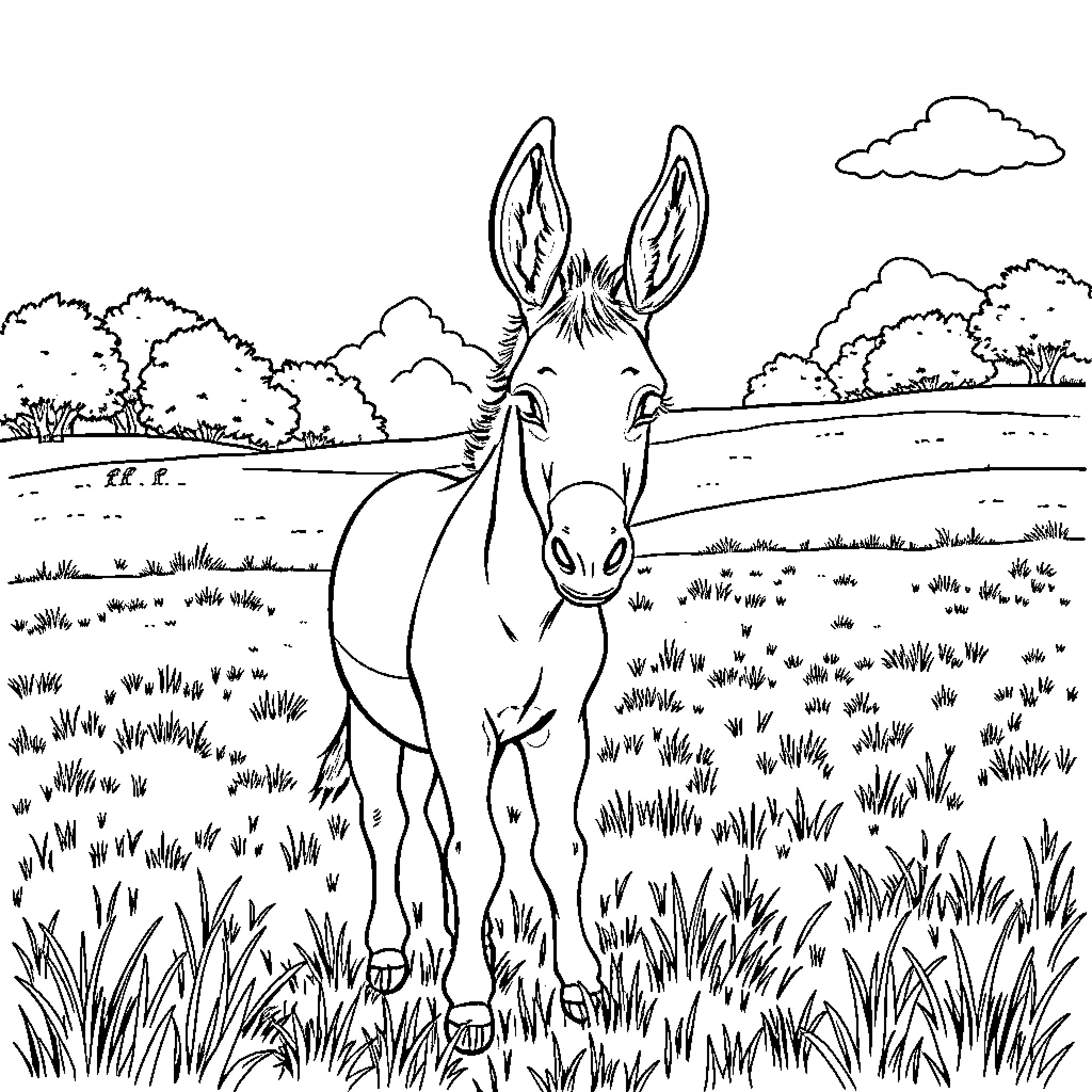 Donkey standing in a grassy field Coloring Page (free black-and-white line drawing printable PDF for all, from beginners to advanced learners, including children, teens, adults, and seniors)