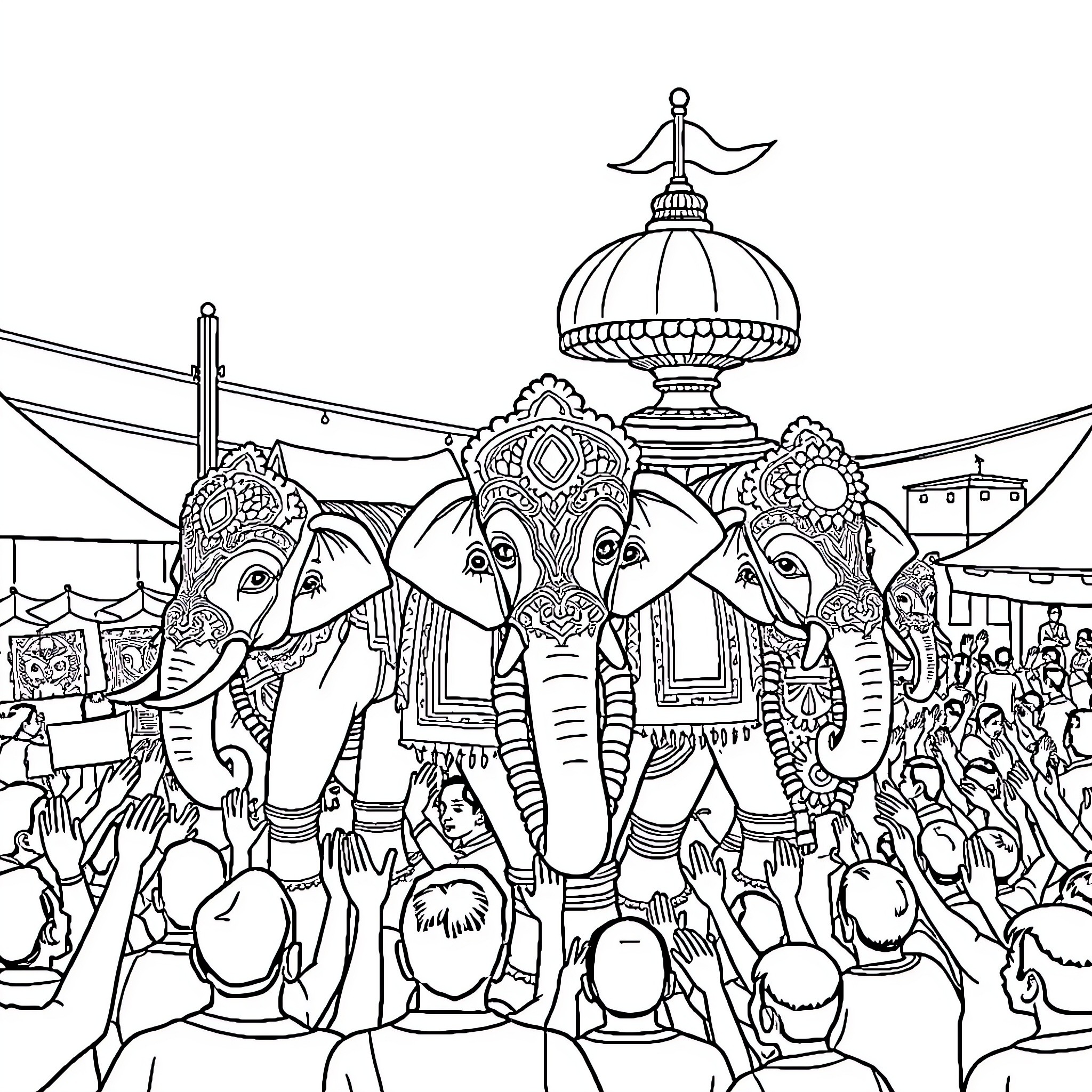Thrissur Pooram festival with ornate elephants and festive crowd Coloring Page (free black-and-white line drawing printable PDF for all, from beginners to advanced learners, including children, teens, adults, and seniors)