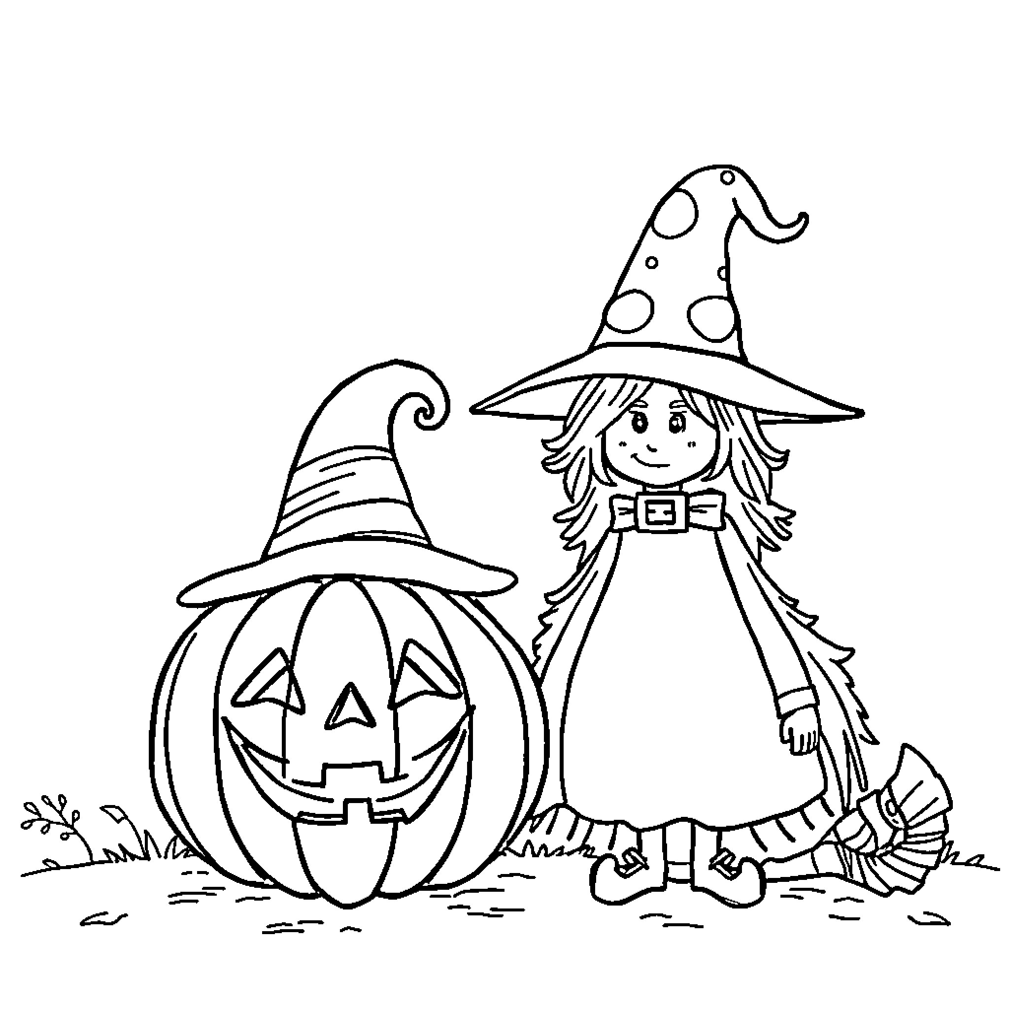 Pumpkin and Witch Figure in Halloween Scene Coloring Page (free black-and-white line drawing printable PDF for all, from beginners to advanced learners, including children, teens, adults, and seniors)