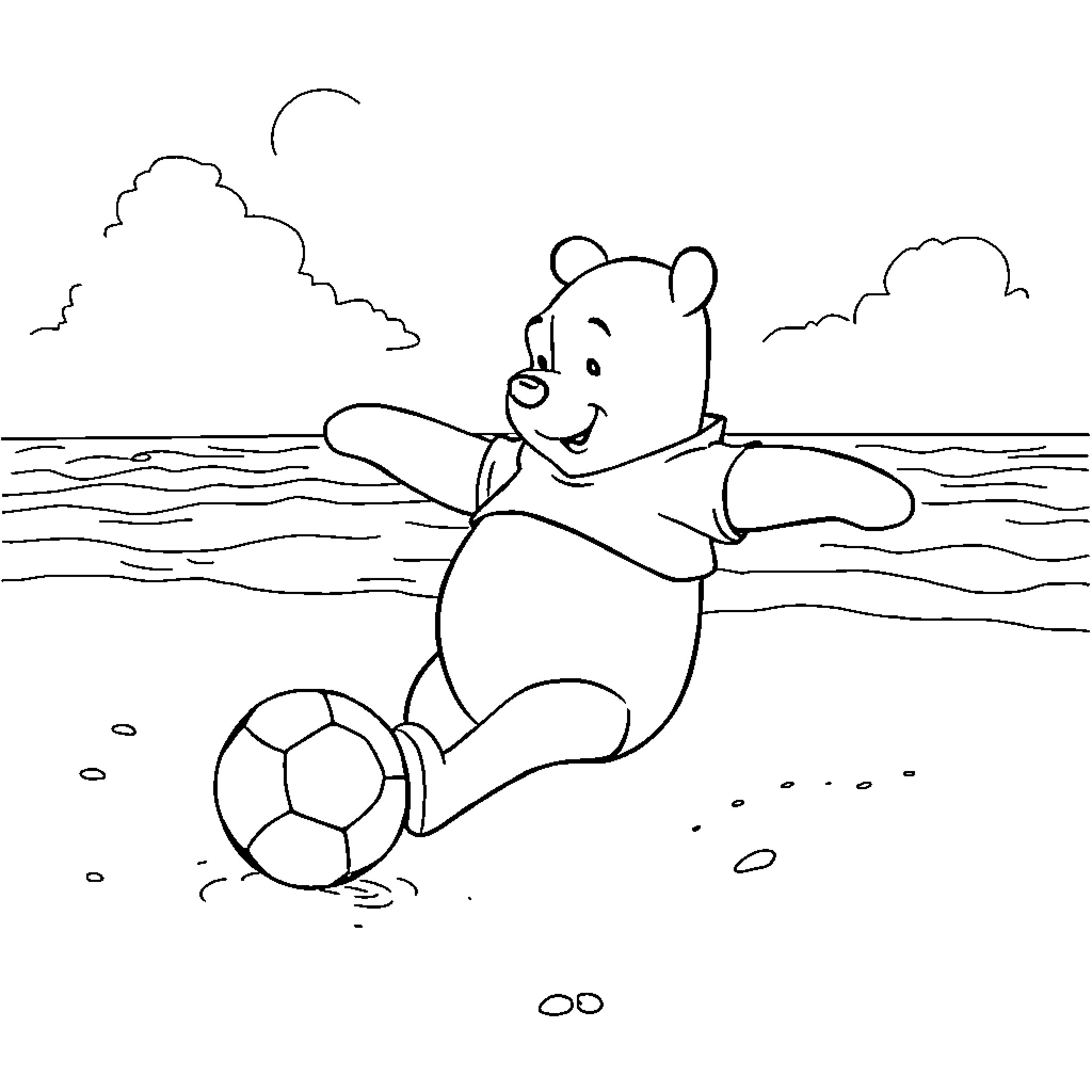 Winnie The Pooh playing with beach ball in the water Coloring Page (free black-and-white line drawing printable PDF for all, from beginners to advanced learners, including children, teens, adults, and seniors)