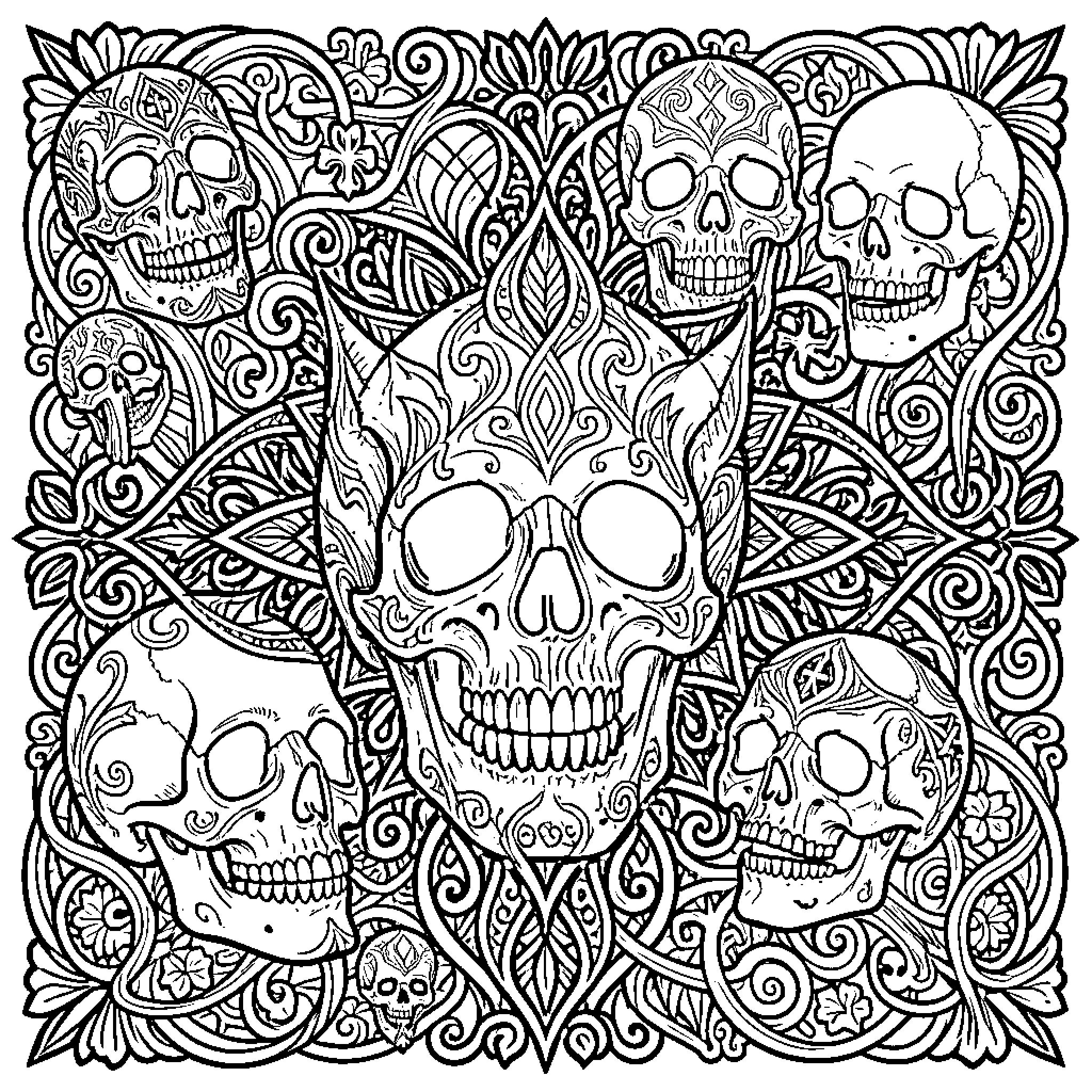 Goth Doodle of Decorative Skulls and Patterns Coloring Page (free black-and-white line drawing printable PDF for all, from beginners to advanced learners, including children, teens, adults, and seniors)