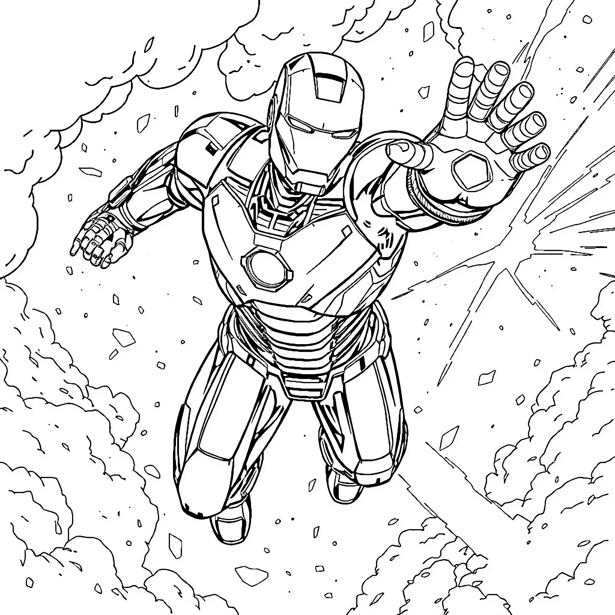 Ironman soaring through the sky in action pose Coloring Page (free black-and-white line drawing printable PDF for all, from beginners to advanced learners, including children, teens, adults, and seniors)