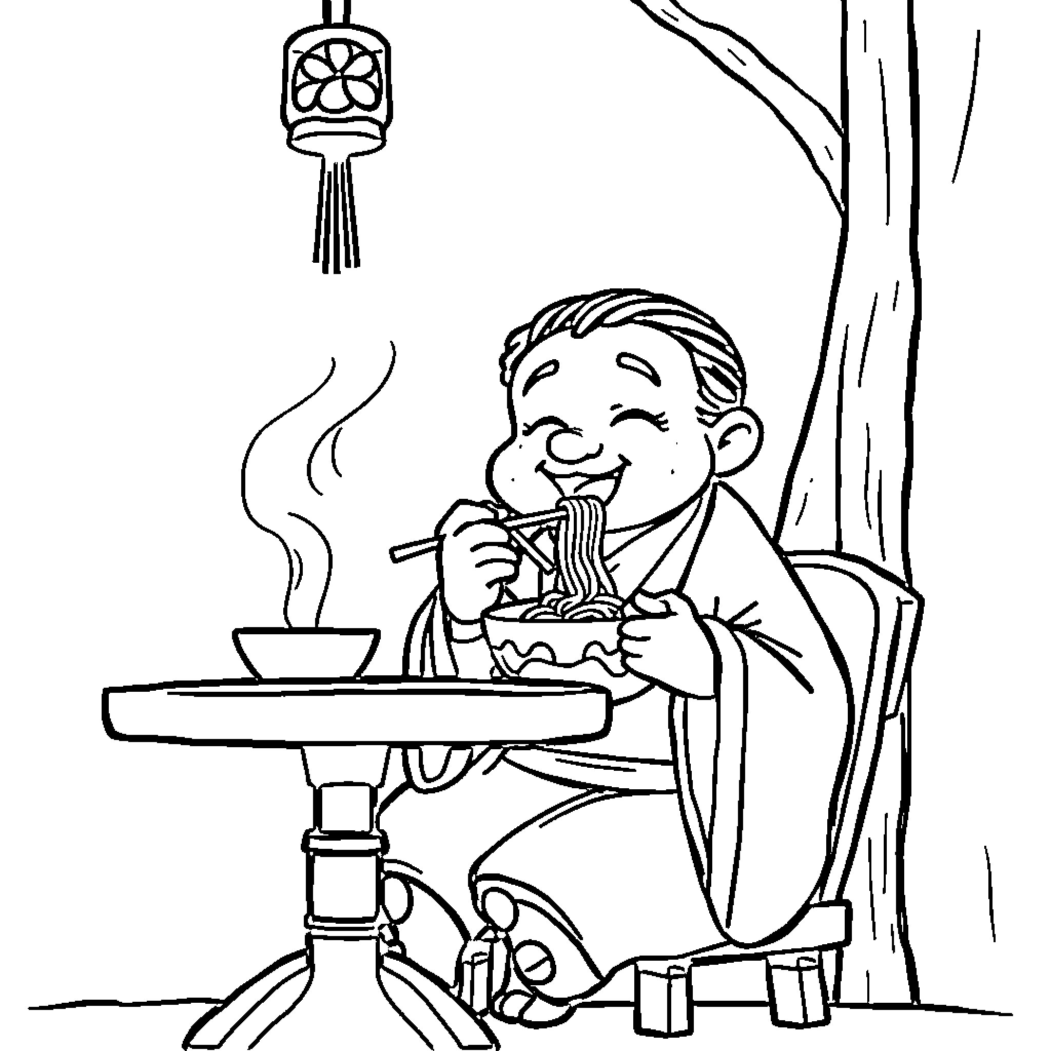 Rumi enjoying a warm meal outdoors Coloring Page (free black-and-white line drawing printable PDF for all, from beginners to advanced learners, including children, teens, adults, and seniors)