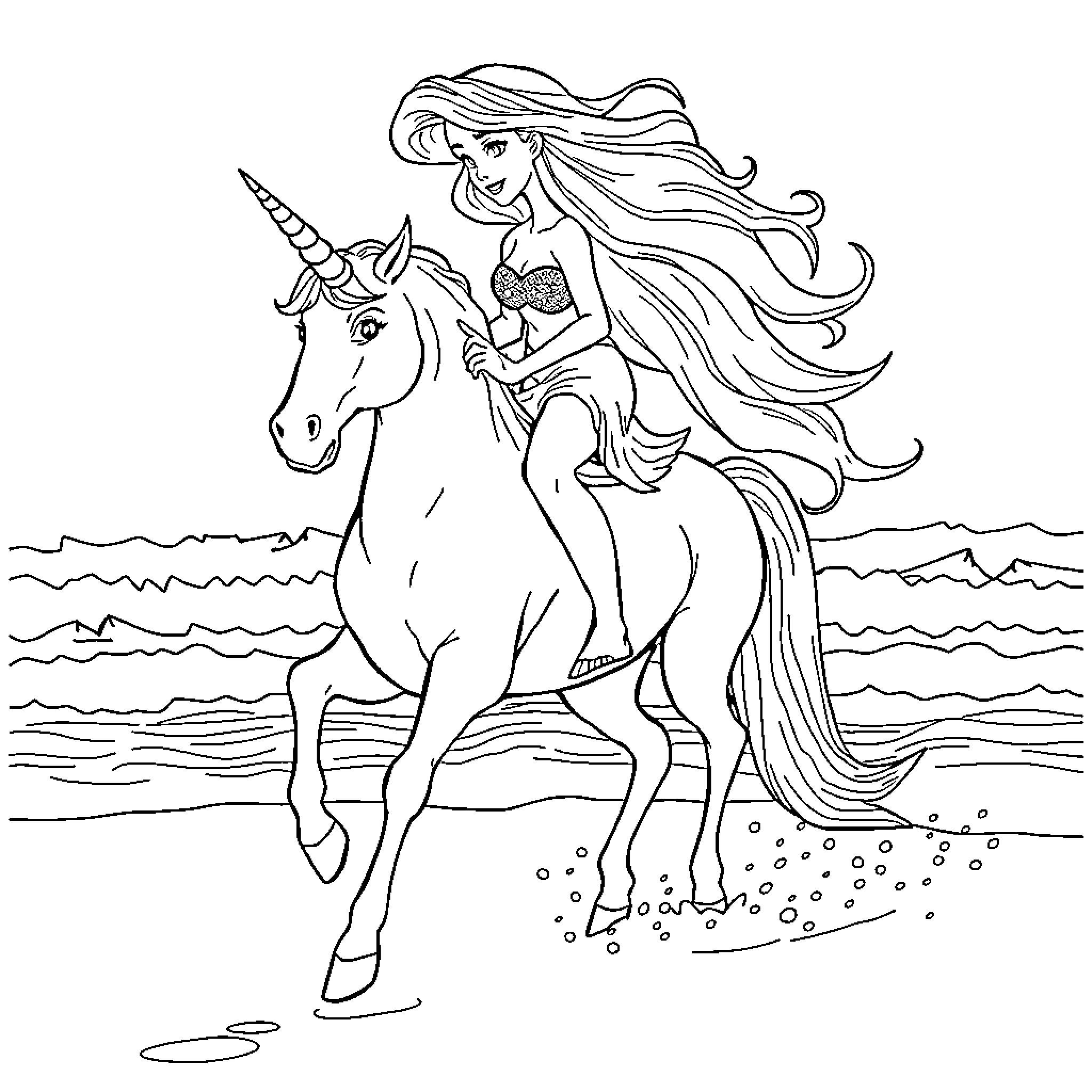 Ariel riding a unicorn by the sea Coloring Page (free black-and-white line drawing printable PDF for all, from beginners to advanced learners, including children, teens, adults, and seniors)