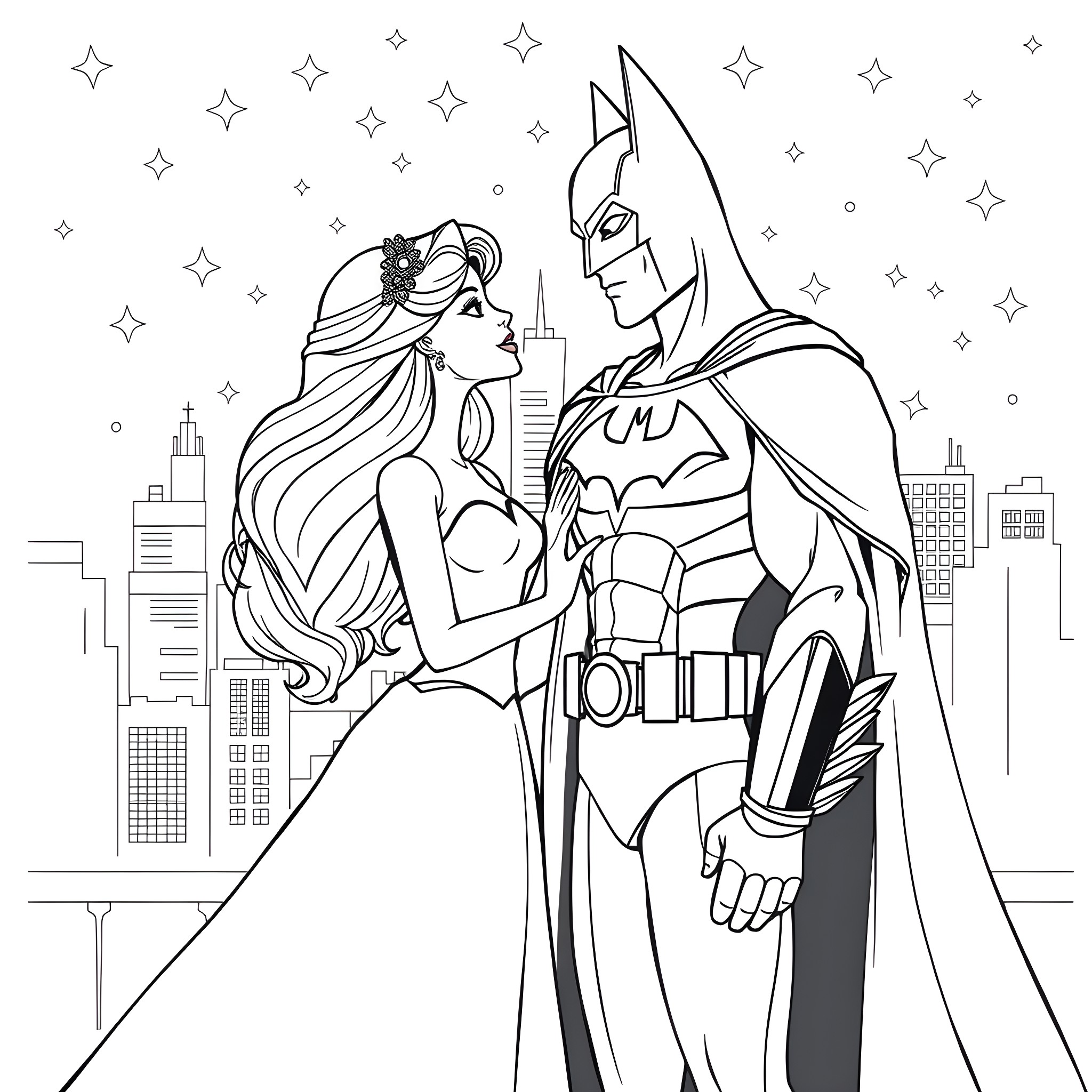 Barbie and Batman in a Superhero Adventure Coloring Page (free black-and-white line drawing printable PDF for all, from beginners to advanced learners, including children, teens, adults, and seniors)