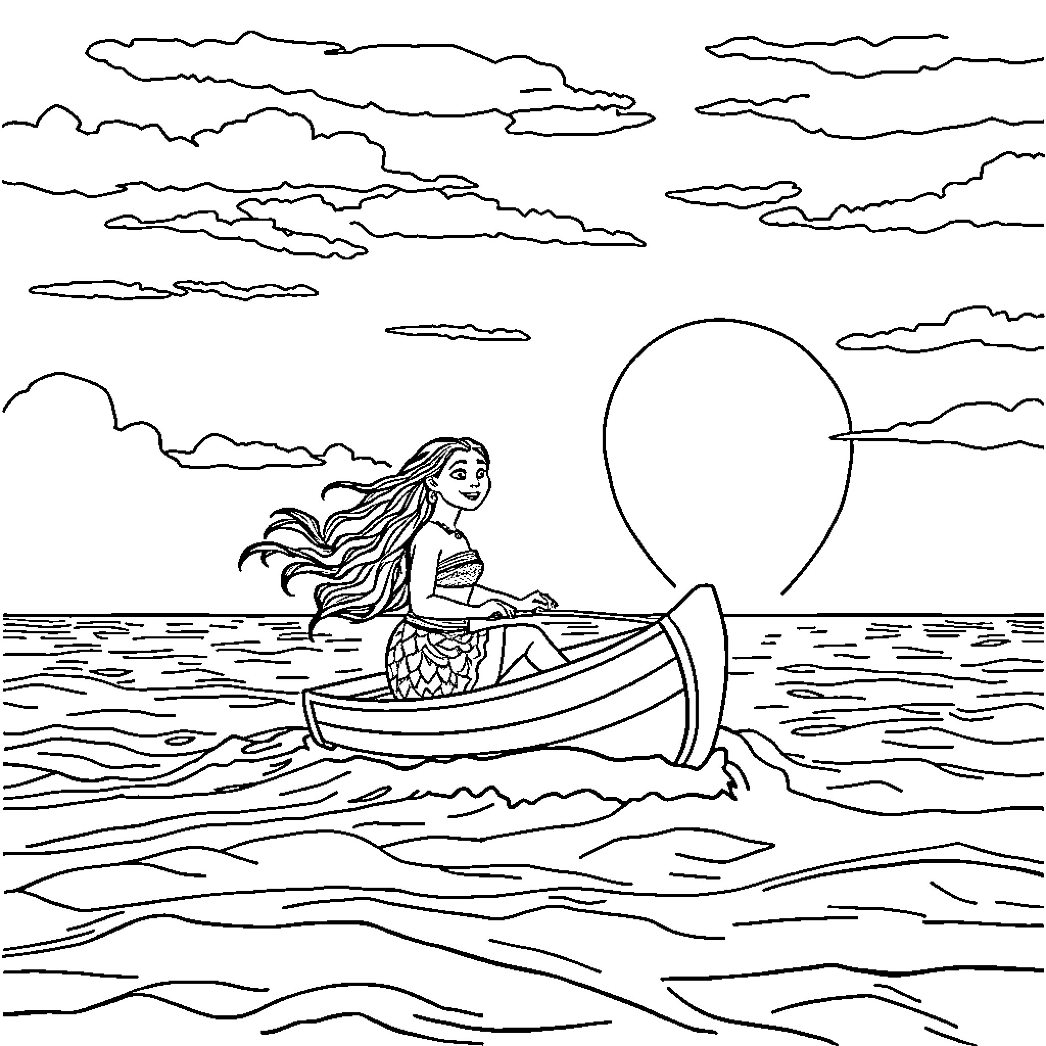 Moana sailing across the vast ocean Coloring Page (free black-and-white line drawing printable PDF for all, from beginners to advanced learners, including children, teens, adults, and seniors)