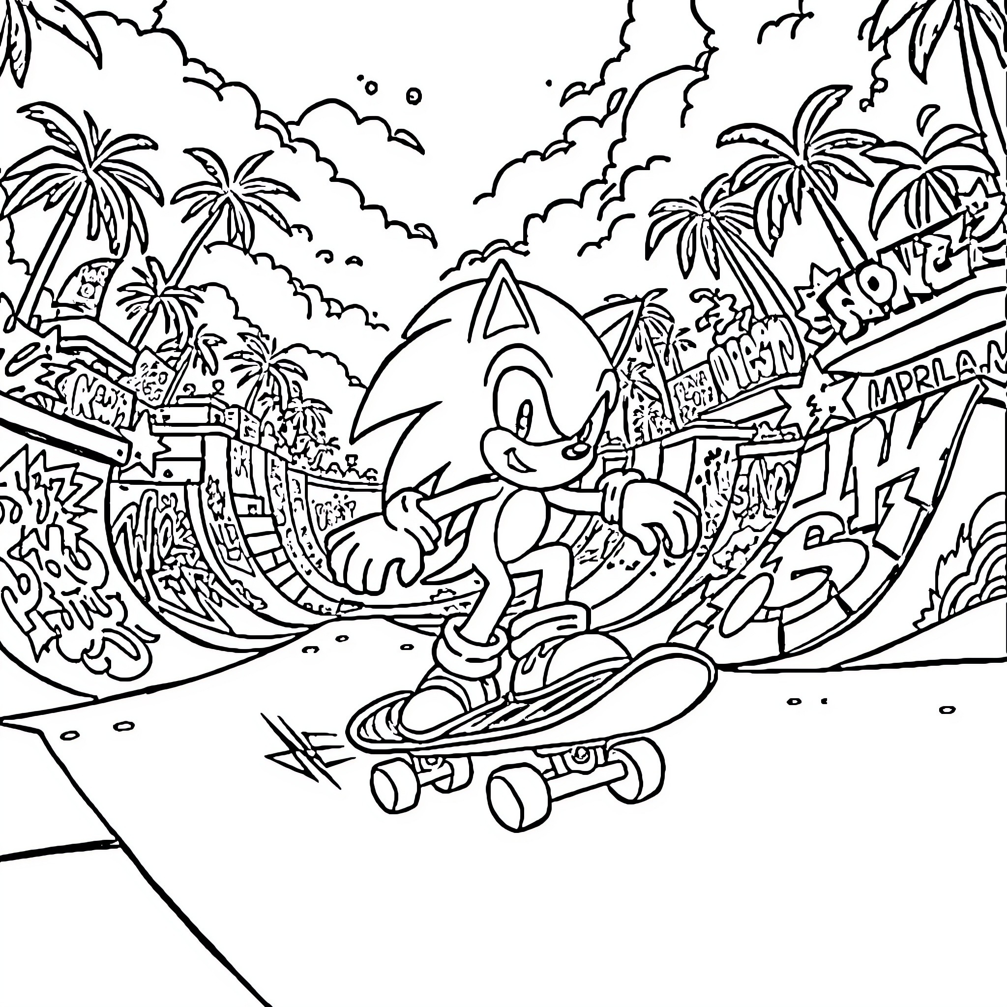 Sonic's Surfing Adventure in a Tropical Paradise Coloring Page (free black-and-white line drawing printable PDF for all, from beginners to advanced learners, including children, teens, adults, and seniors)