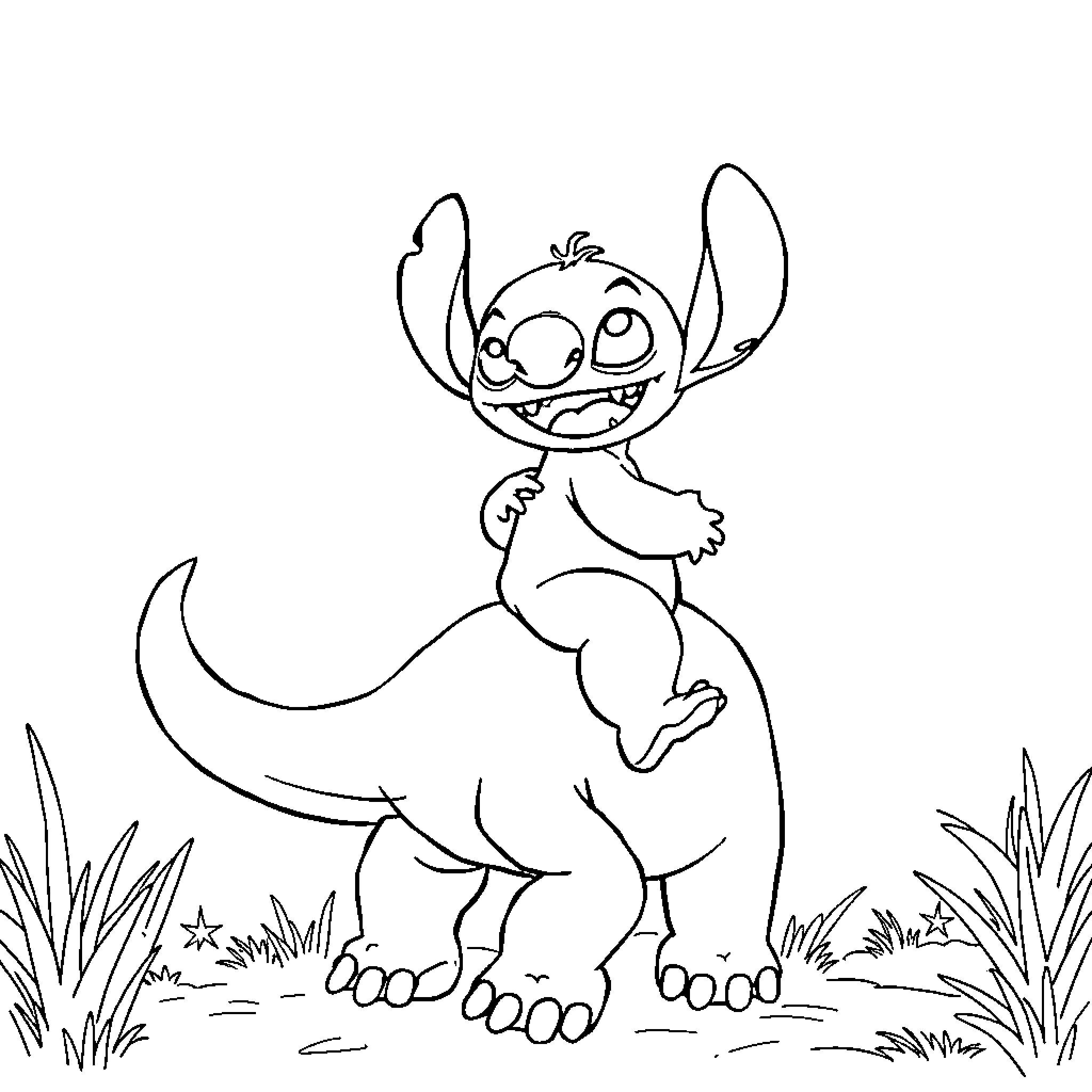 Stitch exploring a grassy outdoor scene Coloring Page (free black-and-white line drawing printable PDF for all, from beginners to advanced learners, including children, teens, adults, and seniors)