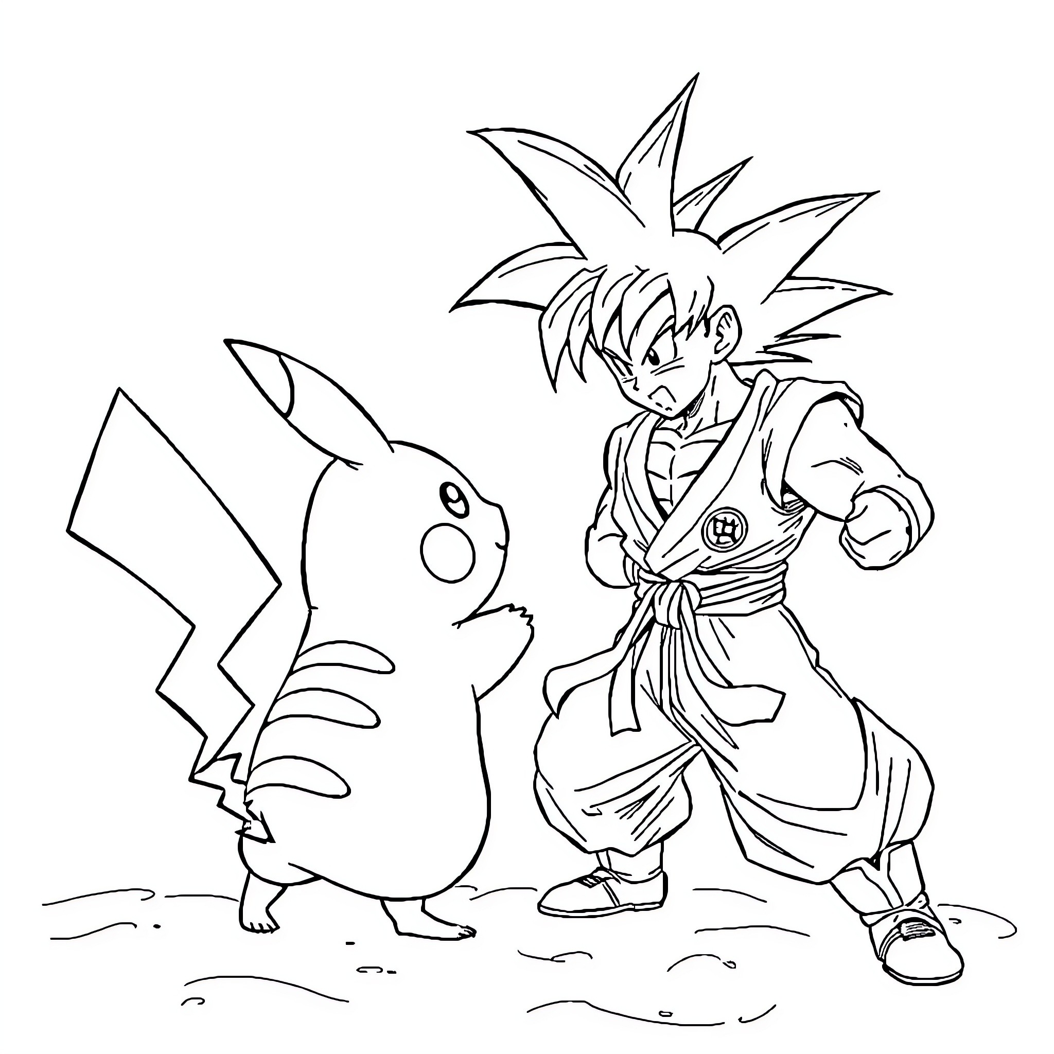 Pikachu and Goku in an Animated Encounter Coloring Page (free black-and-white line drawing printable PDF for all, from beginners to advanced learners, including children, teens, adults, and seniors)