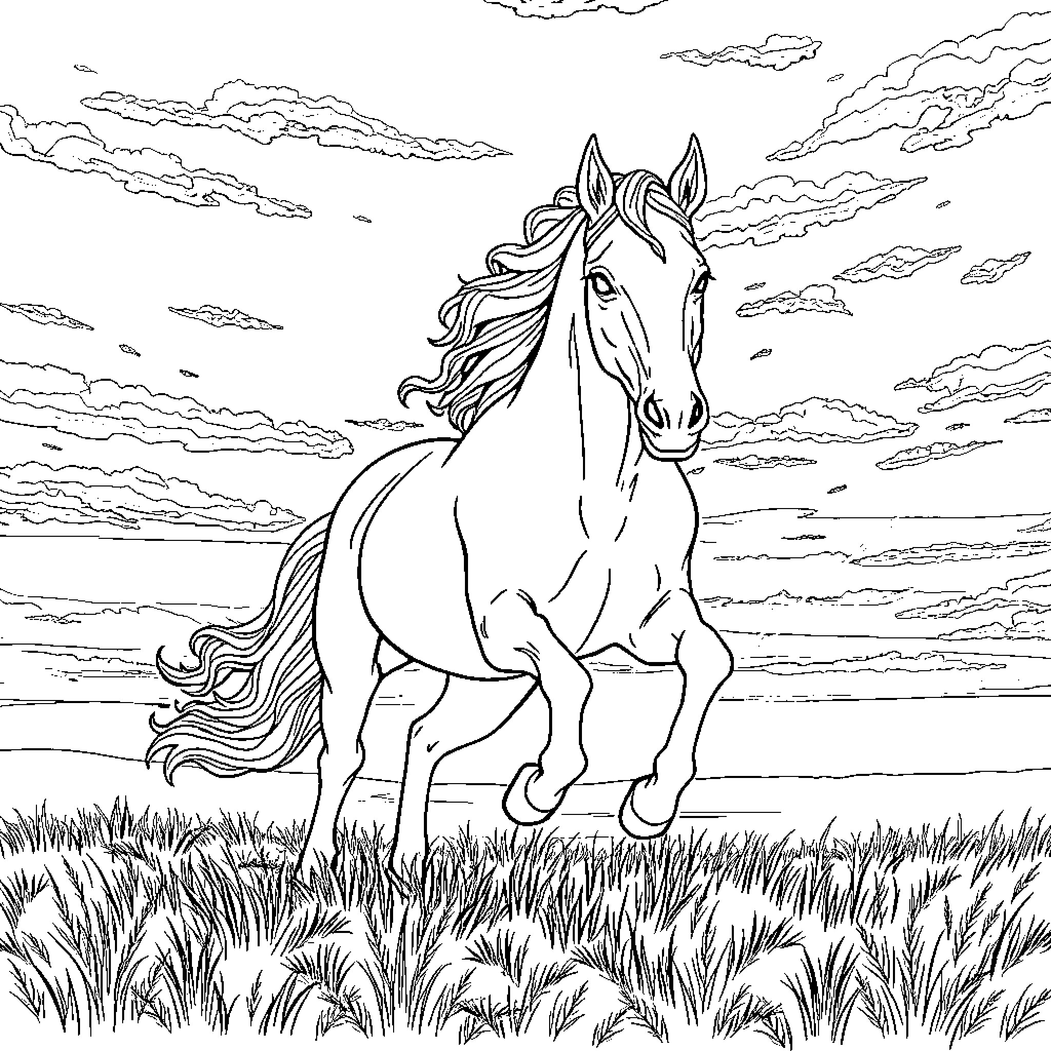 Horse galloping through a grassy field under cloudy skies Coloring Page (free black-and-white line drawing printable PDF for all, from beginners to advanced learners, including children, teens, adults, and seniors)